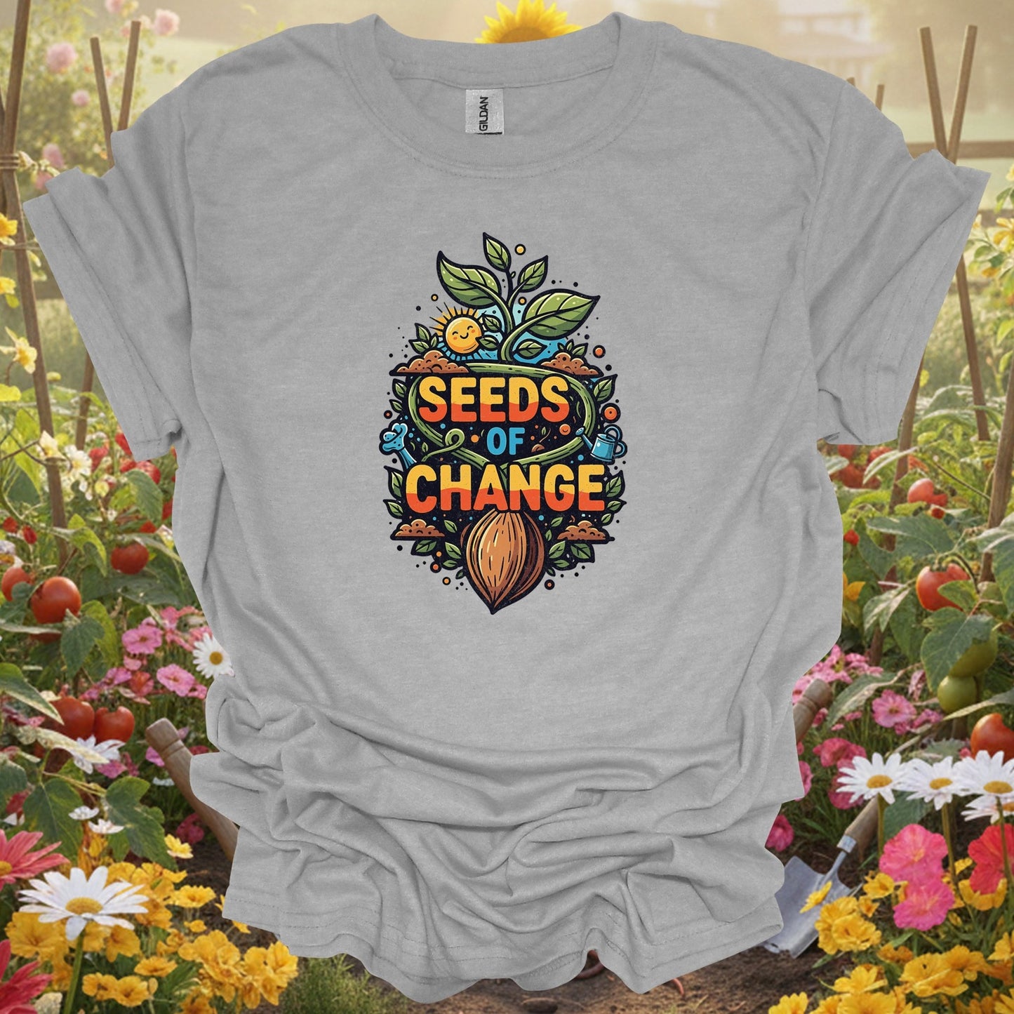 Sport Grey tee showing seeds of change inspirational growth for garden hobbyists