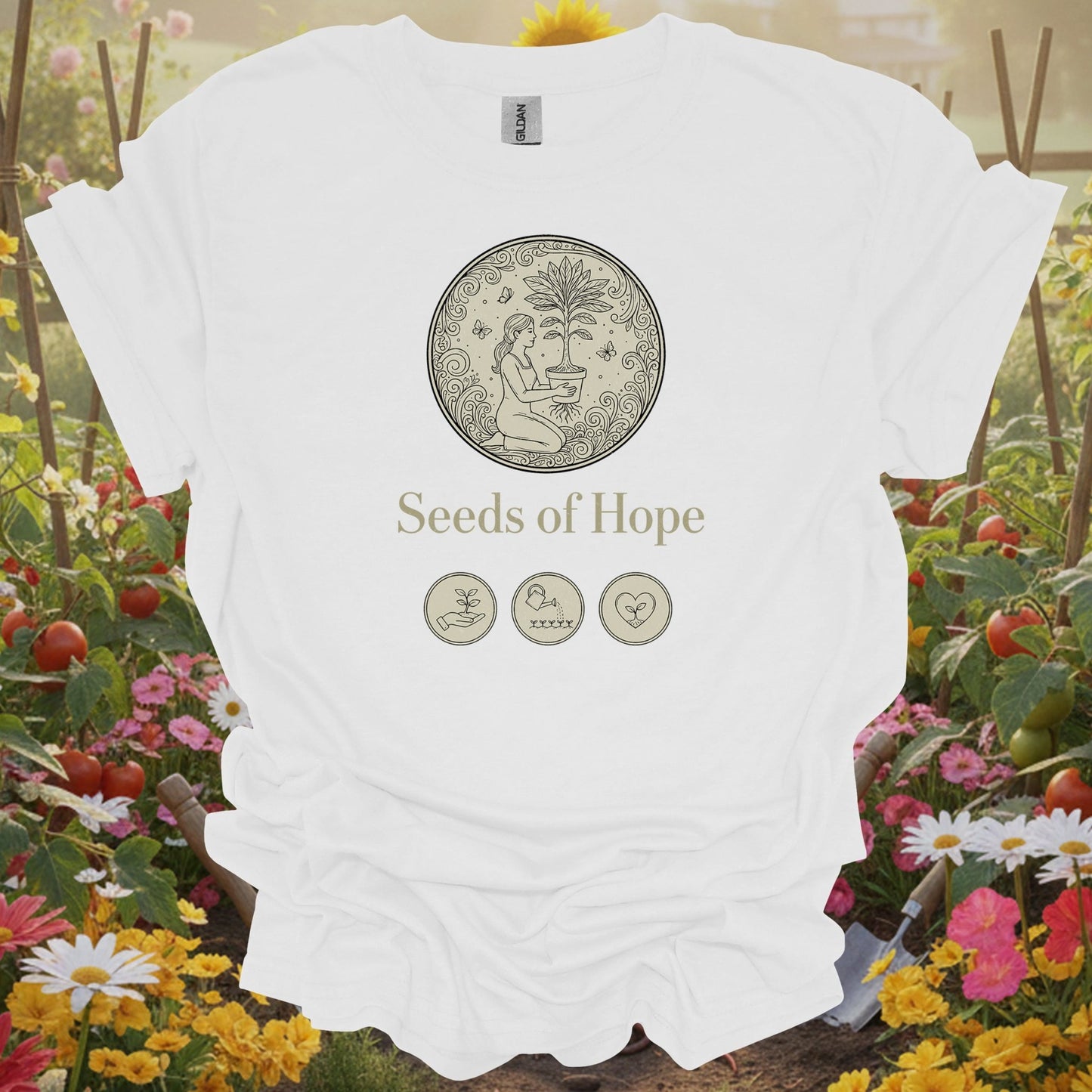 White tee showing elegant line art seeds of hope gardening design for patient cultivators
