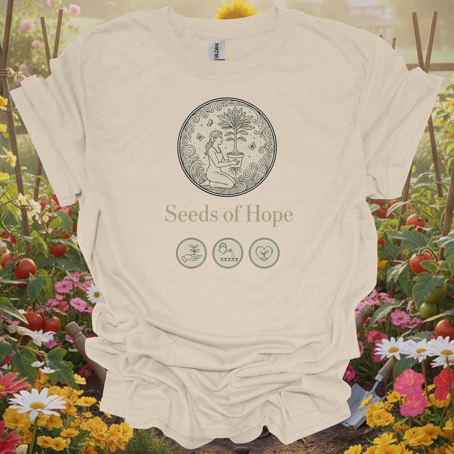Natural tshirt showing elegant line art seeds of hope gardening design for souls nurturing possibilities