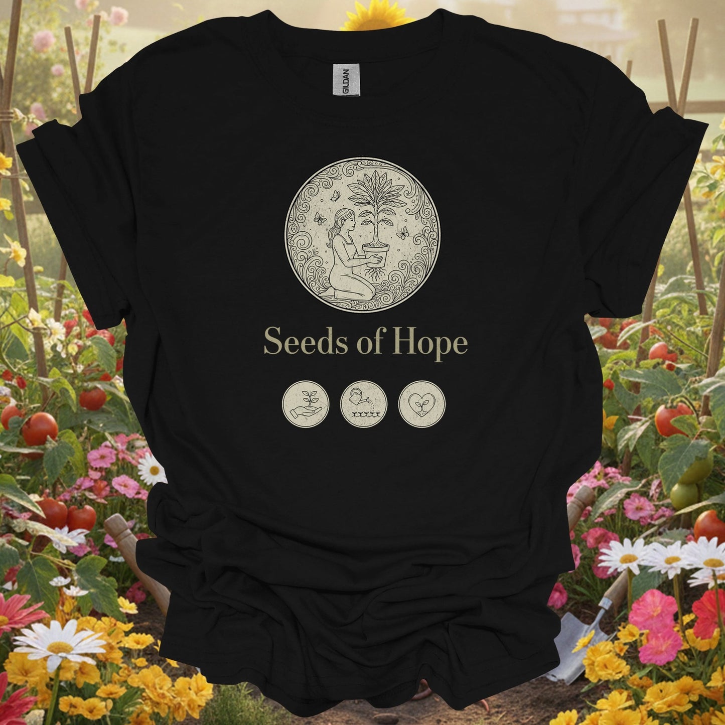 Black shirt showing elegant line art seeds of hope gardening design for people inspired by growth