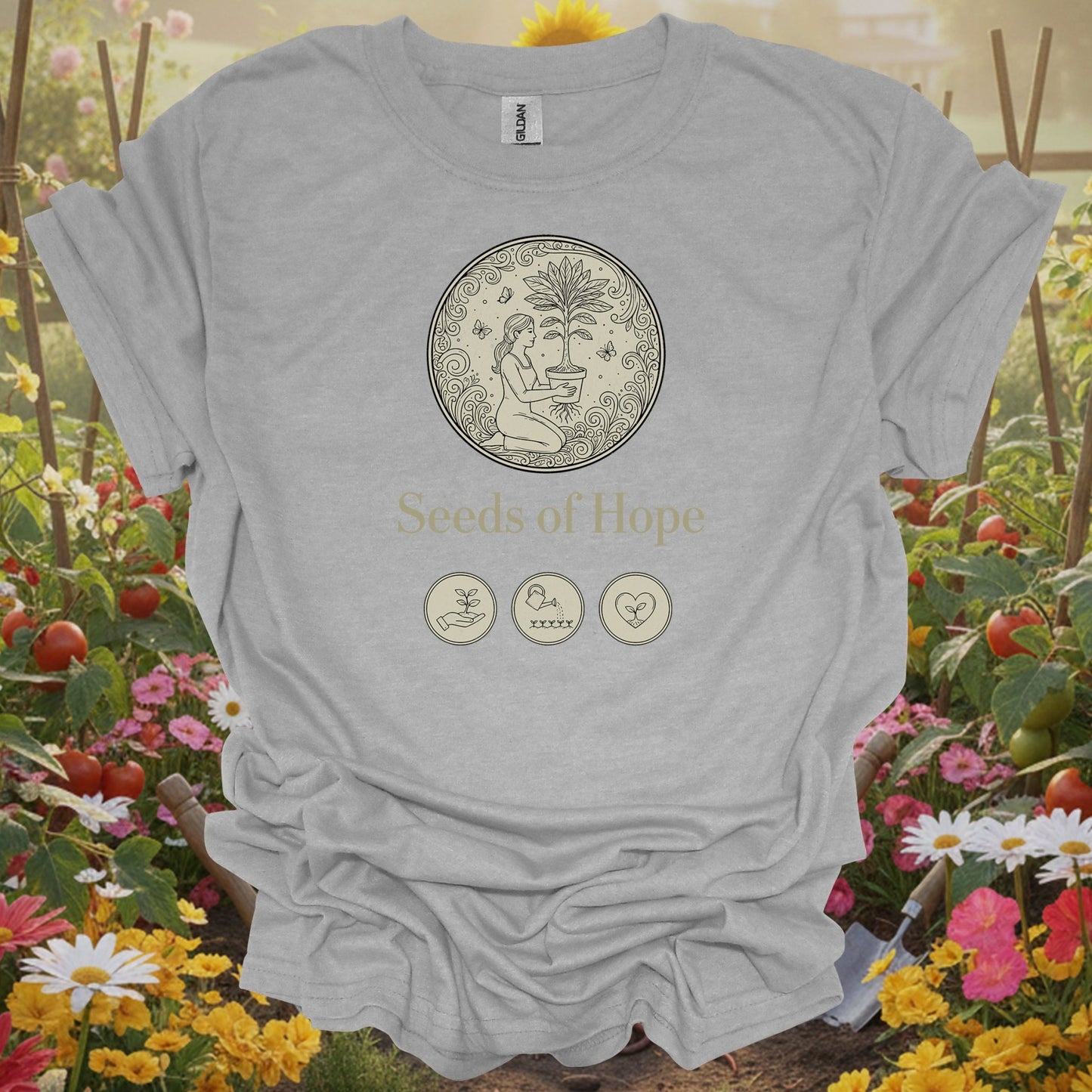 Sport gray tshirt showing elegant line art seeds of hope gardening design for folks who believe in beginnings