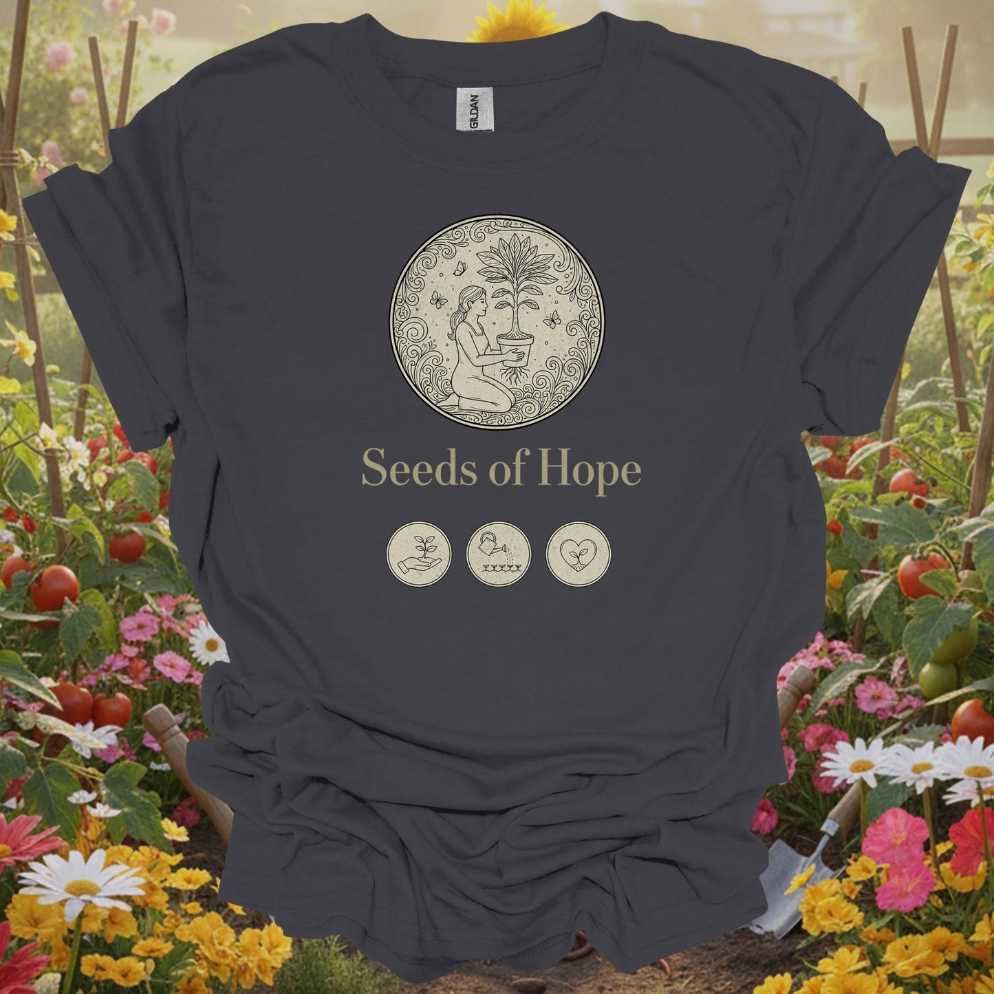 Charcoal tshirt showing elegant line art seeds of hope gardening design for hopeful gardeners
