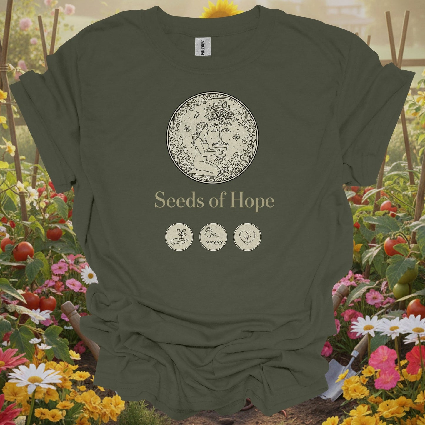 Military Green top showing elegant line art seeds of hope gardening design for gardeners planting hope