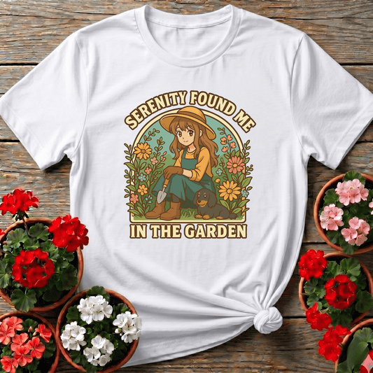 White vintage anime style gardening shirt "Serenity Found Me in the Garden" for peaceful plant lovers