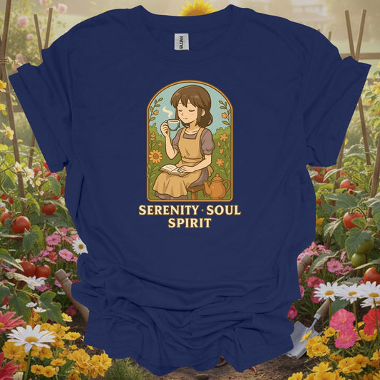 Navy tshirt showing serenity soul spirit botanical cottagecore for gardening enthusiasts