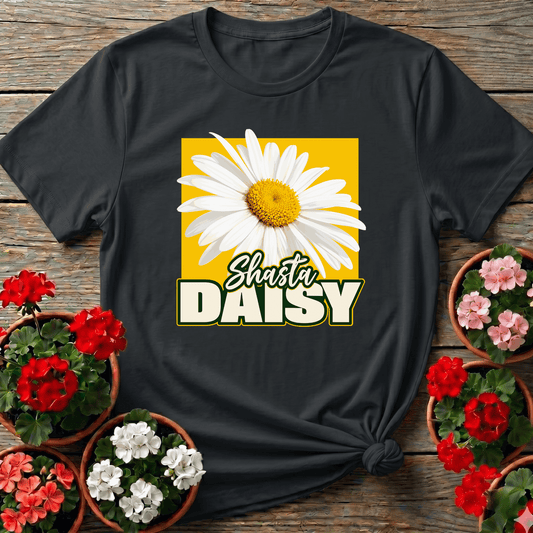 Black bold botanical graphic gardening tee with Shasta daisy design for cottage garden lovers