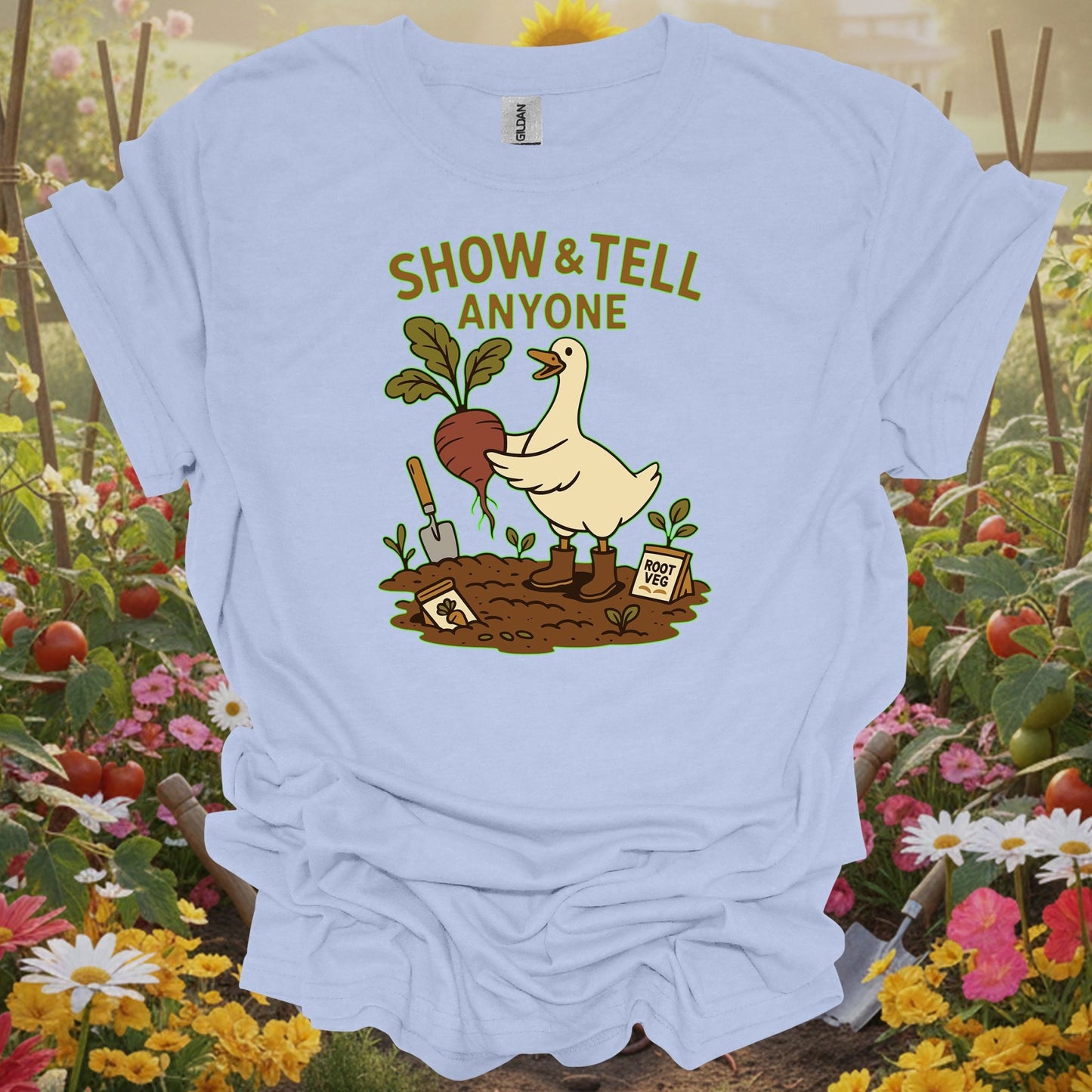 Light Blue shirt showing show and tell anyone duck gardening for home gardeners