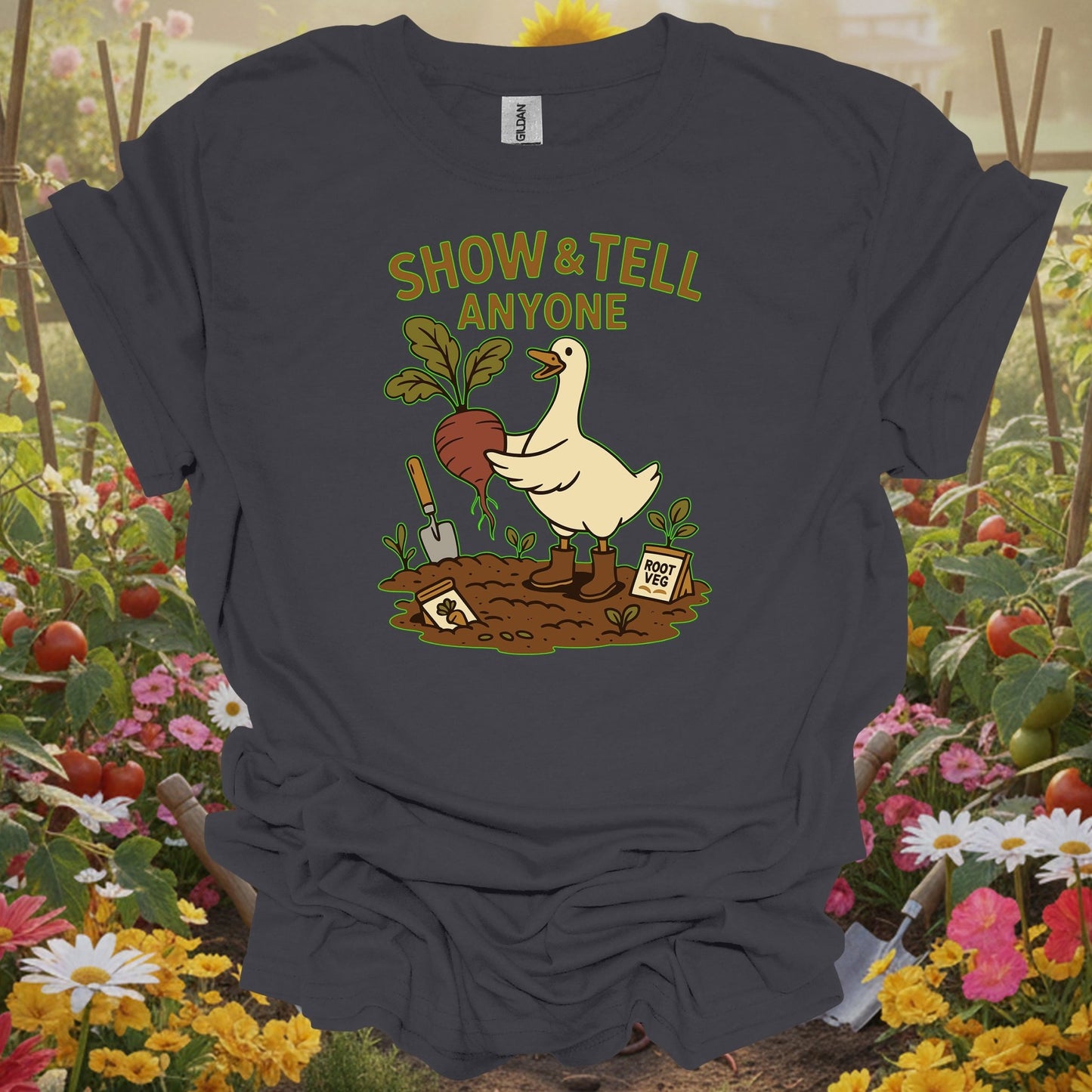 Charcoal tee showing show and tell anyone duck gardening for plant lovers