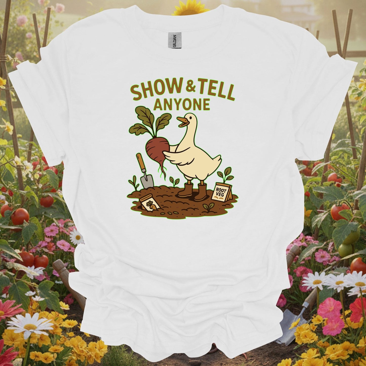 White  shirt showing show and tell anyone duck gardening for outdoor enthusiasts