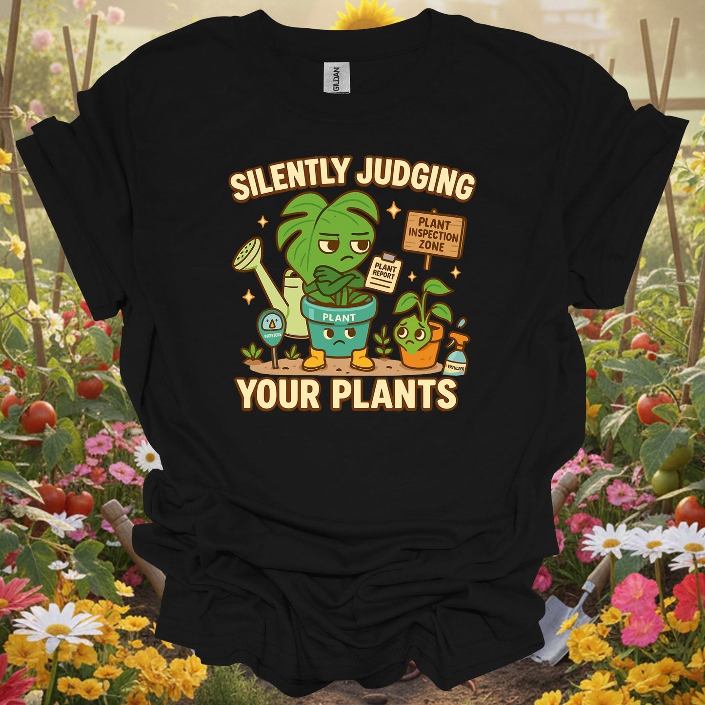Black shirt showing silently judging your plants funny witty for outdoor enthusiasts