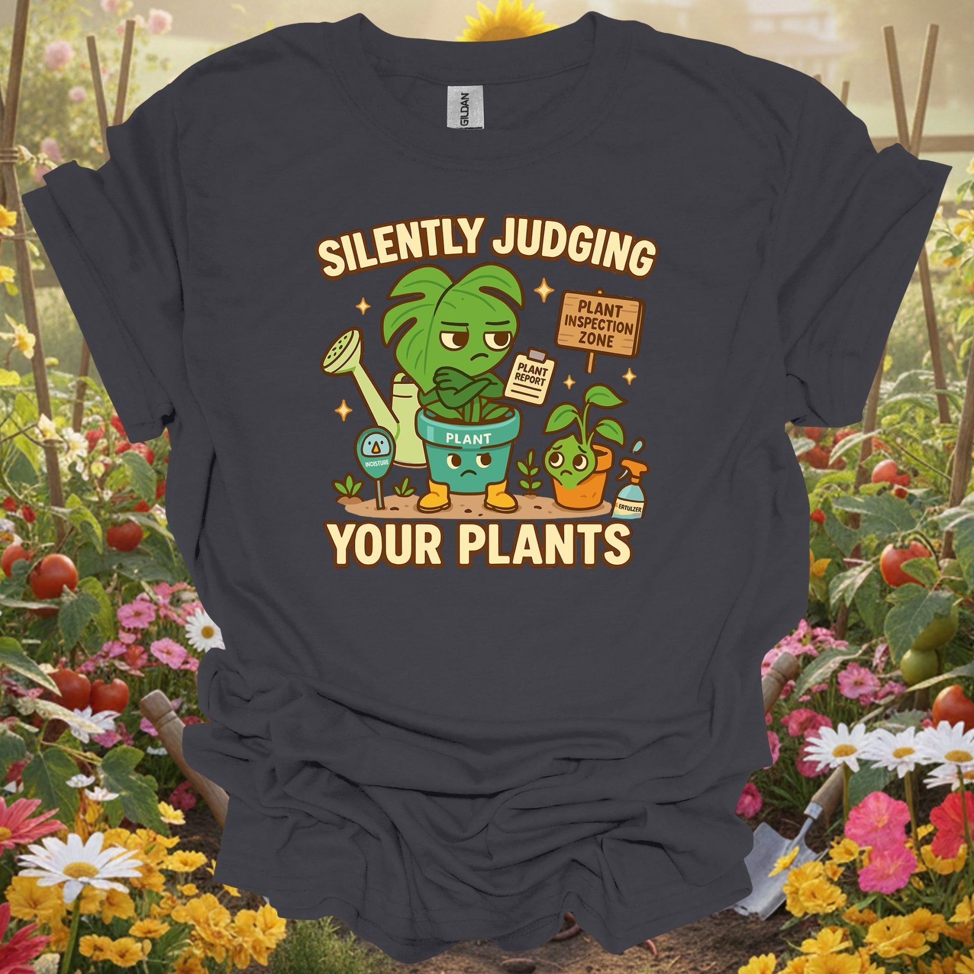 Charcoal tee showing silently judging your plants funny witty for plant lovers