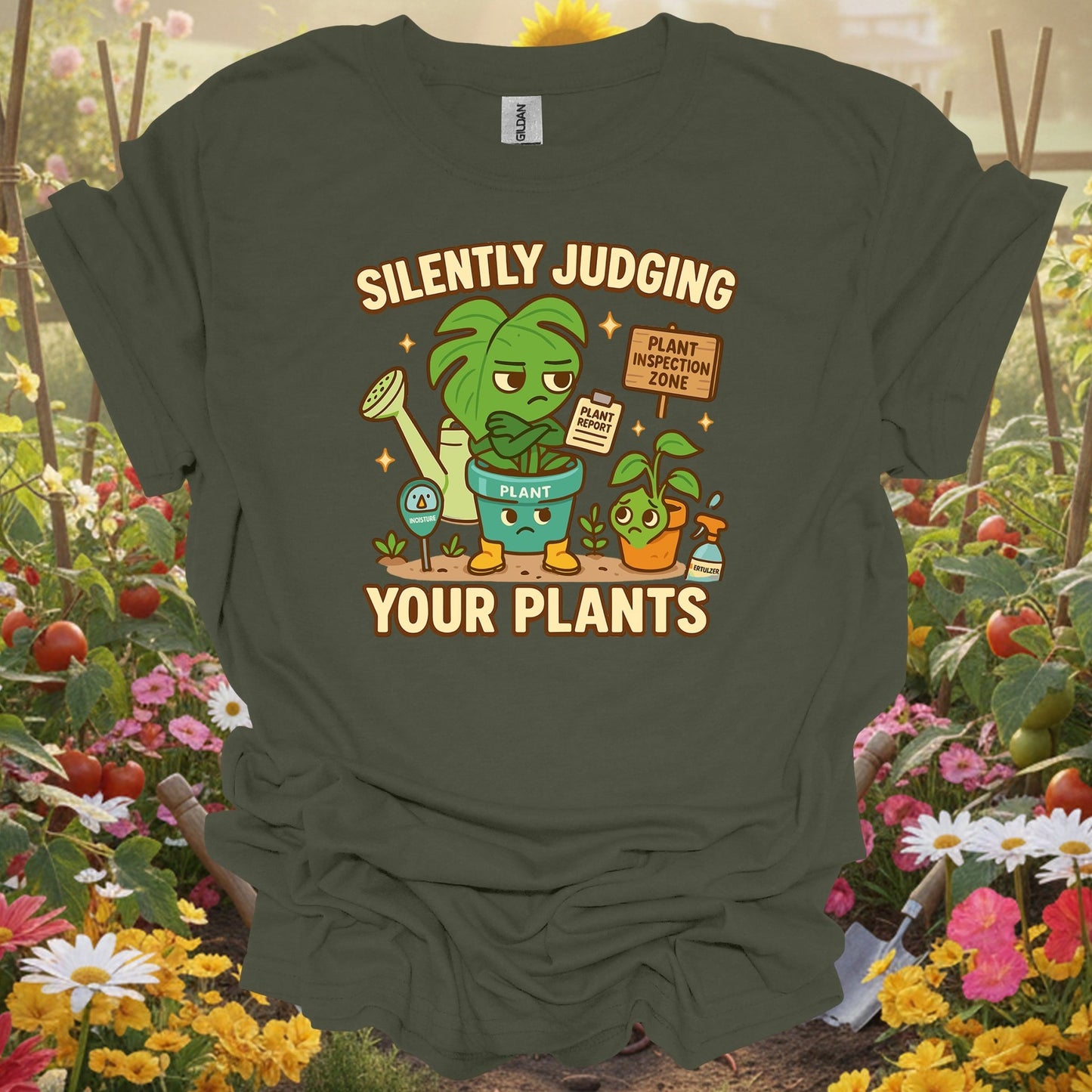 Military Green top showing silently judging your plants funny witty for nature lovers