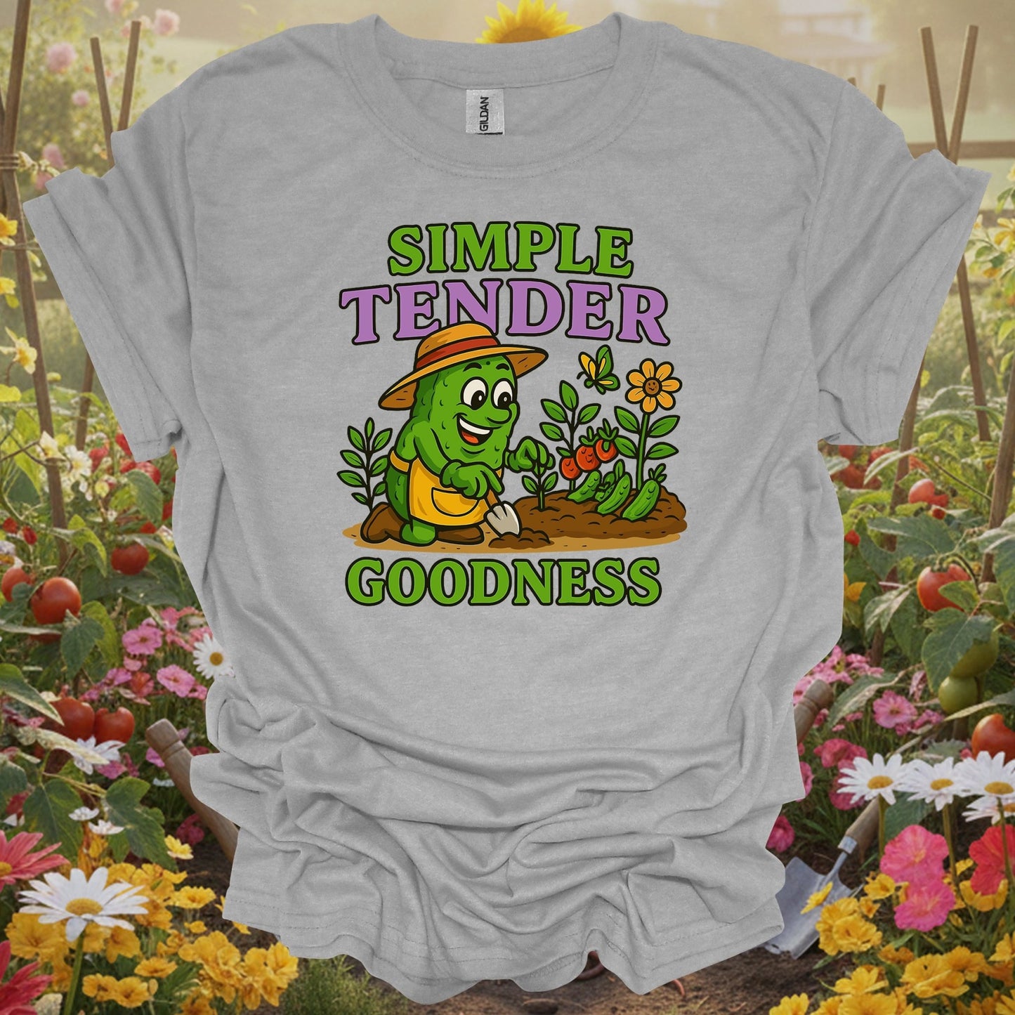 Sport Grey tshirt showing funny pickle celebrating simple tender goodness for wholesome humor fans