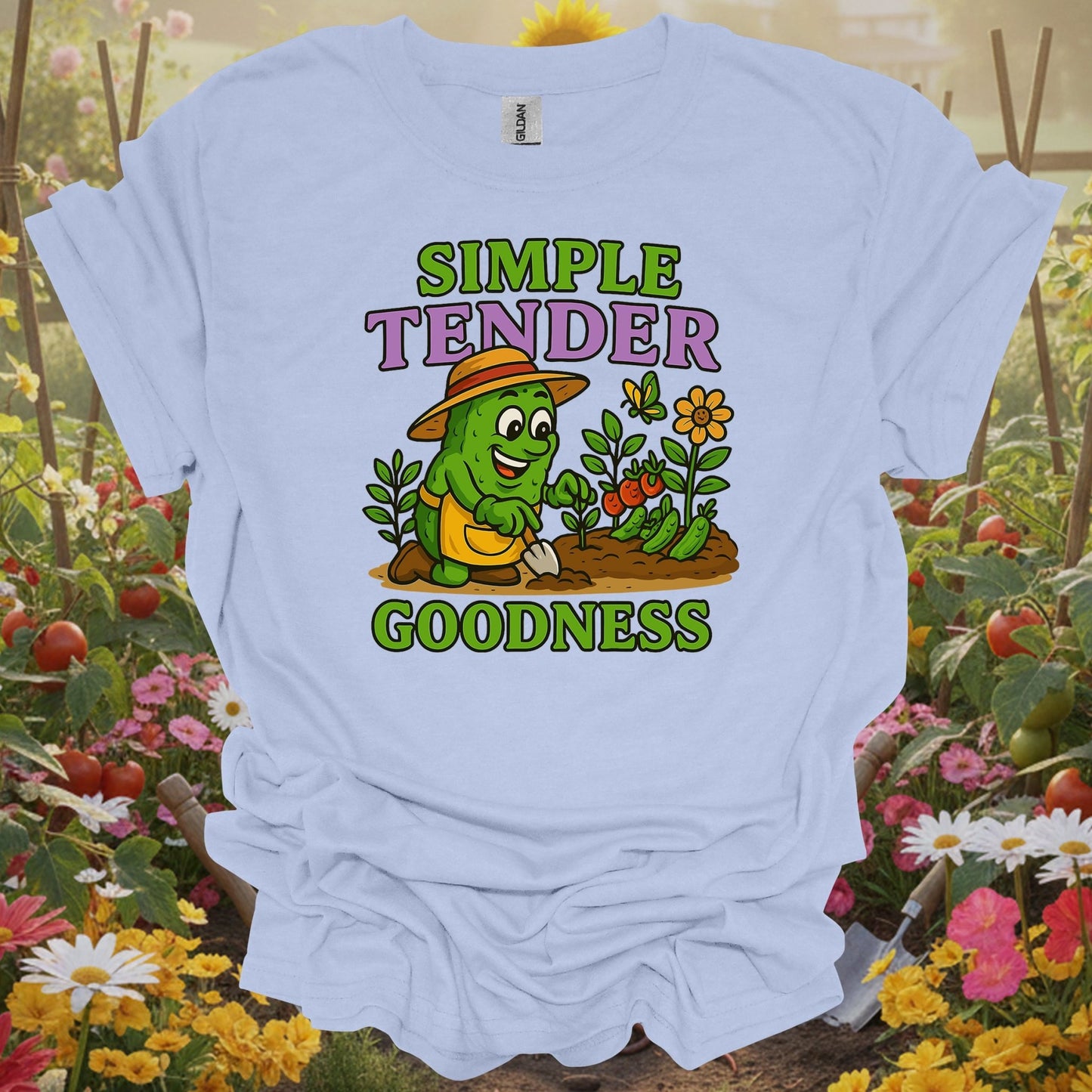 Light Blue tshirt showing funny pickle celebrating simple tender goodness for pickle gardeners