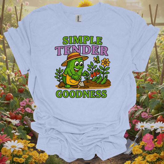 Light Blue tshirt showing funny pickle celebrating simple tender goodness for pickle gardeners