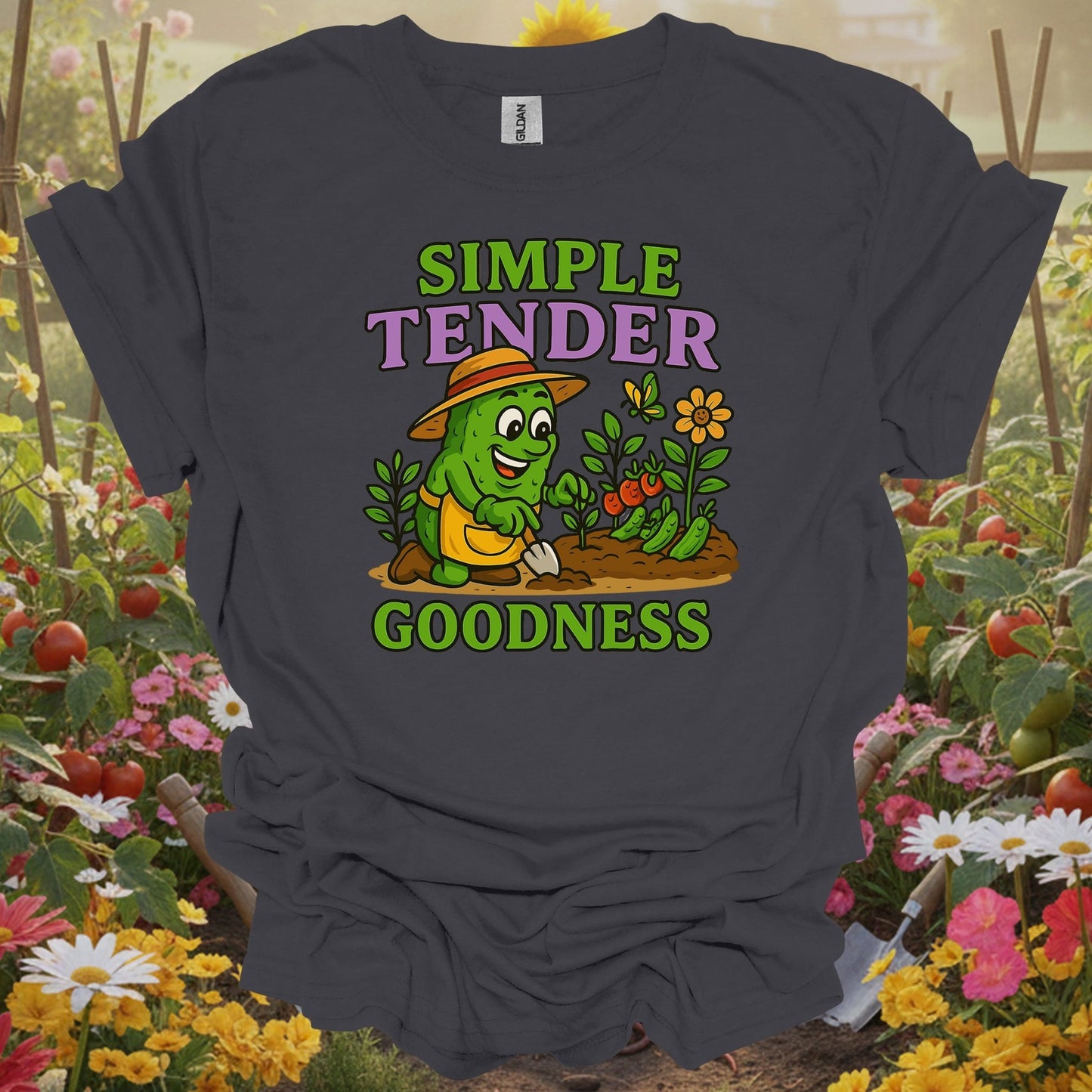 Charcoal tee showing funny pickle celebrating simple tender goodness for folks who value simplicity