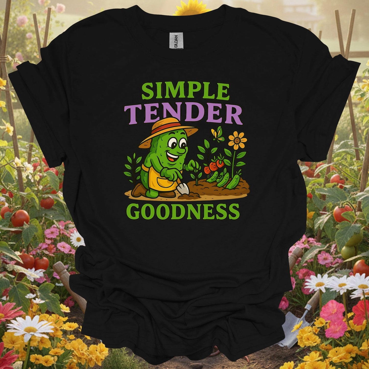 Black shirt showing funny pickle celebrating simple tender goodness for gentle gardeners