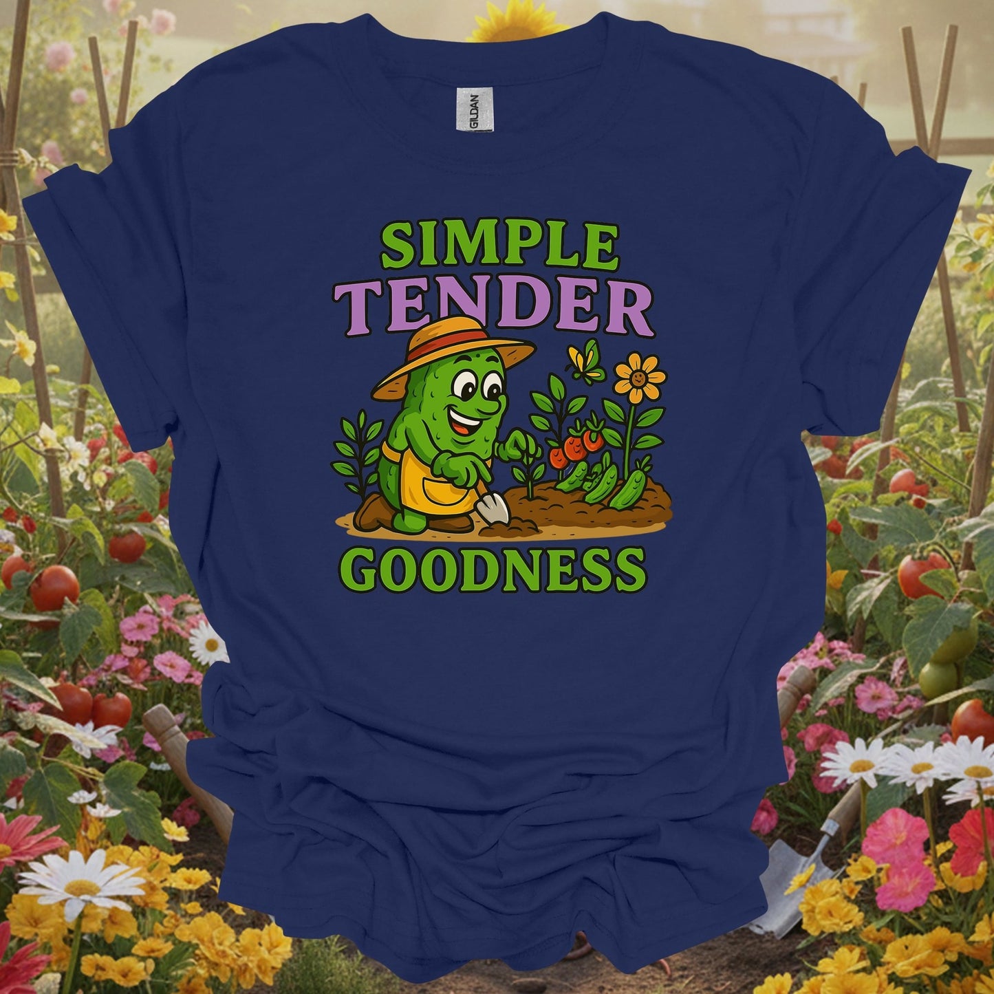 Navy shirt showing funny pickle celebrating simple tender goodness for cucumber growers