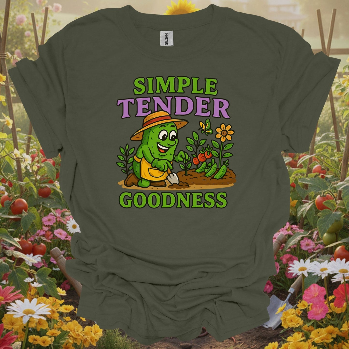 Military Green top showing funny pickle celebrating simple tender goodness for pickle patch keepers