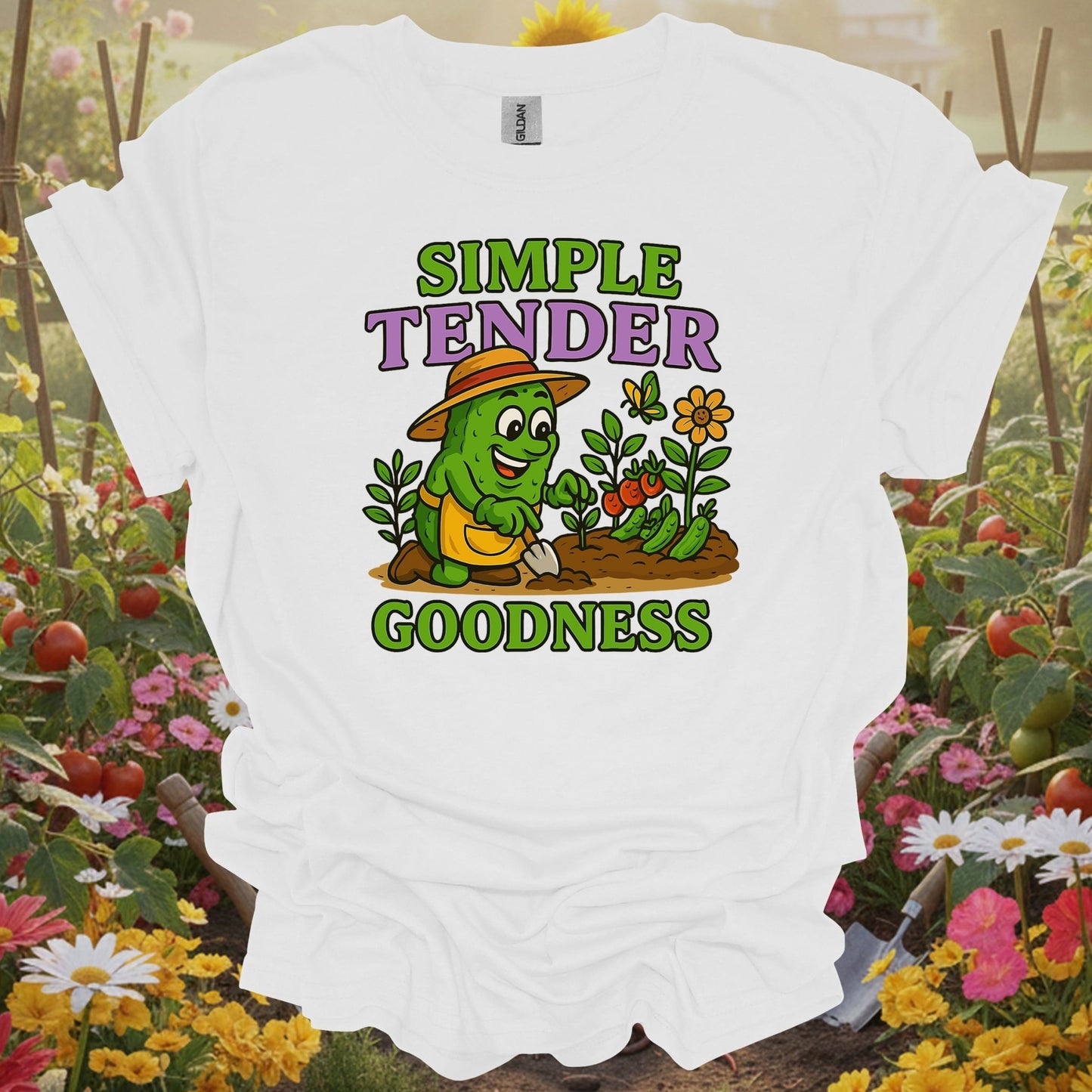 White tee showing funny pickle celebrating simple tender goodness for garden simplicity lovers
