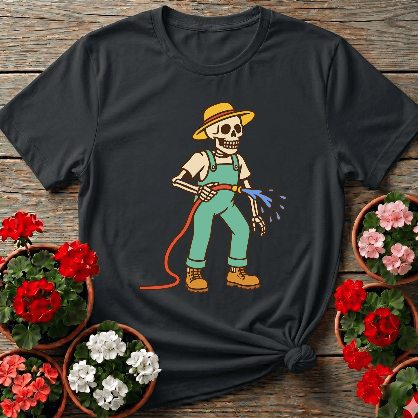 Skeleton Gardener Watering Hose Funny Gardening T-Shirt - GardeningTshirts