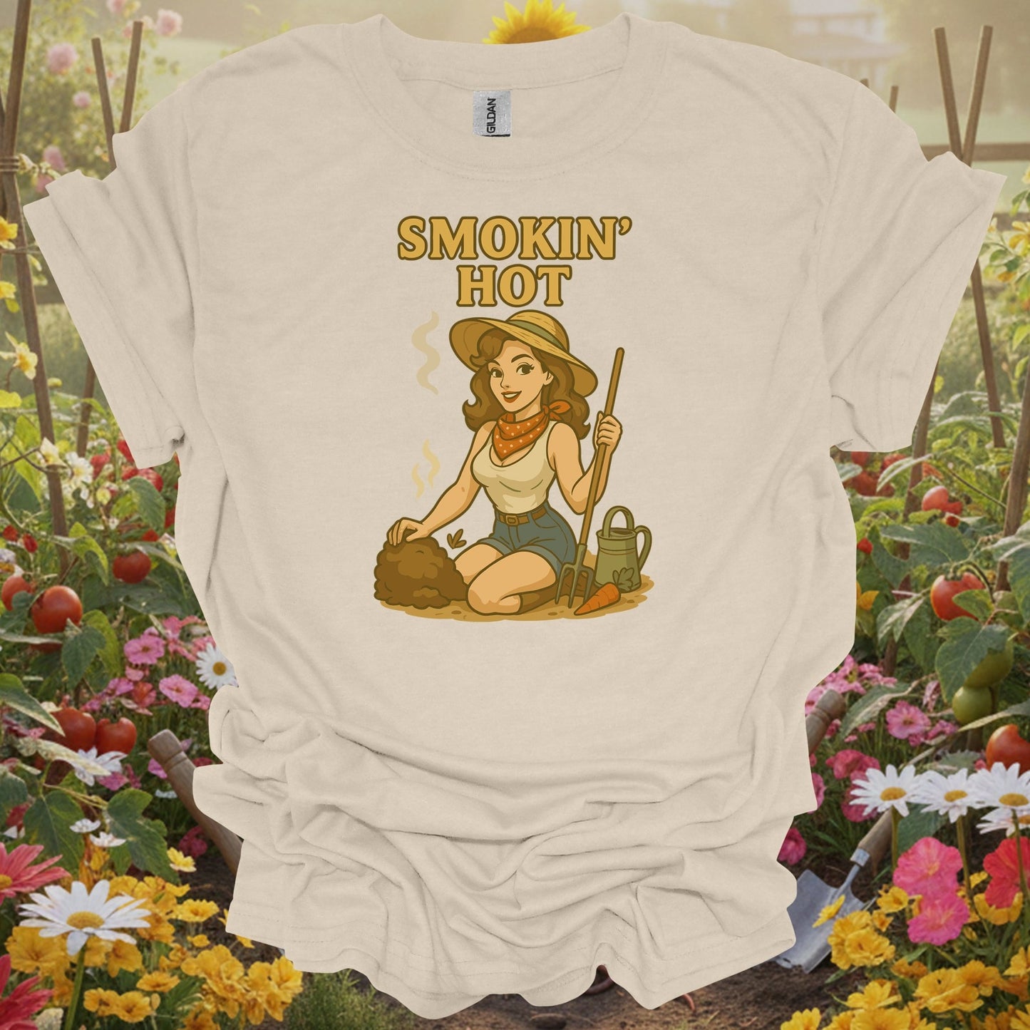 Natural top with an earthy vibe storybook art piece showing a gardener and her compost for cottage garden enthusiasts