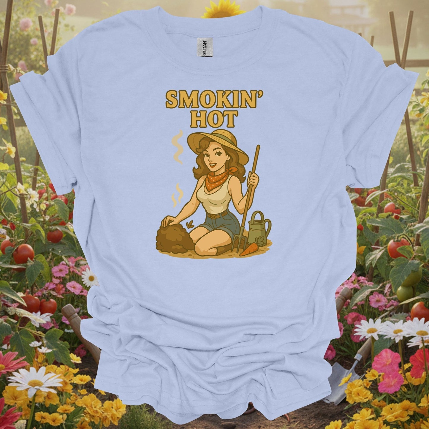 Light Blue tee with a vibrant storybook illustration of a gardener girl and a hot compost pile for eco-conscious growers