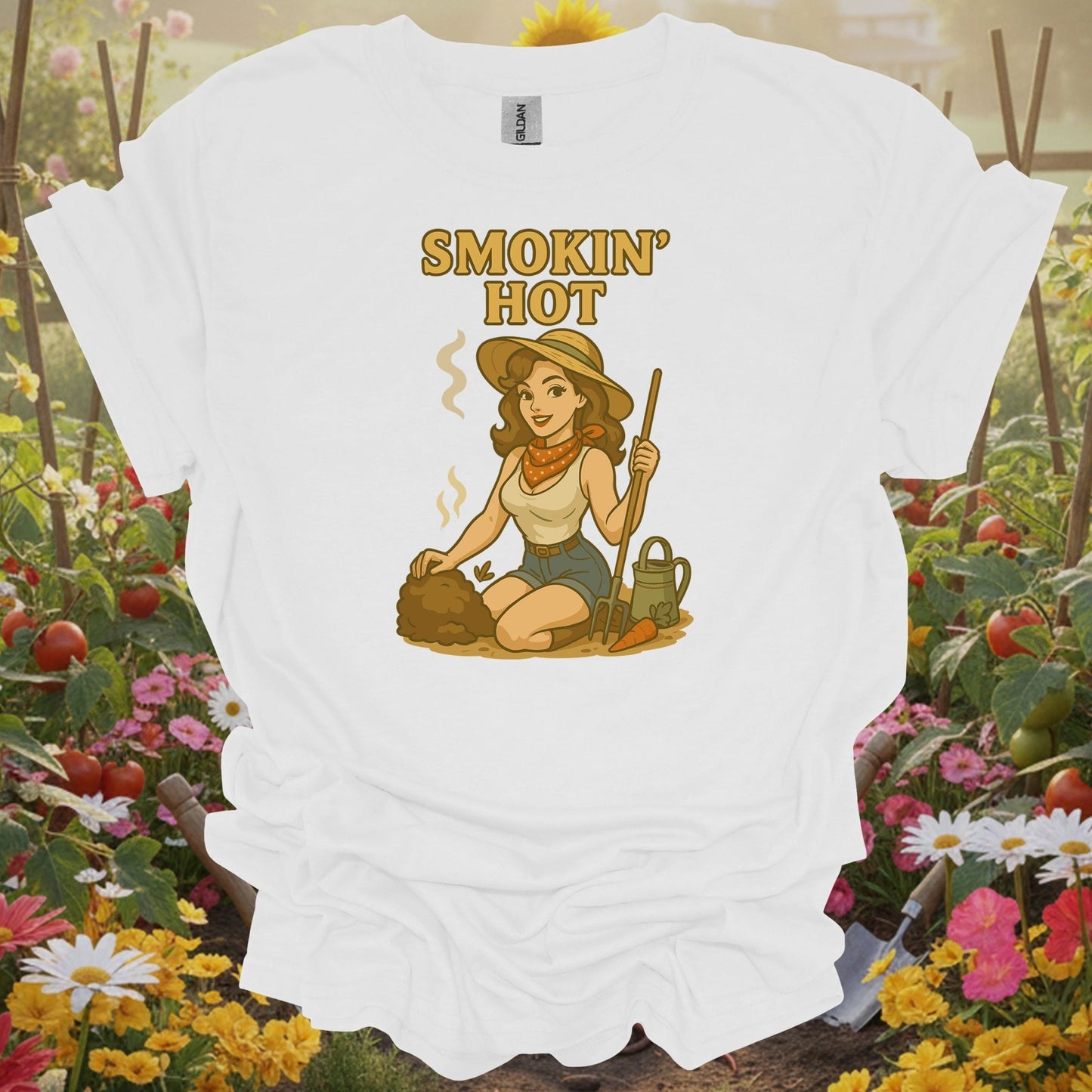White tee with a playful narrative layout of a charming retro pinup gardener for hobby farmers who love honest humor