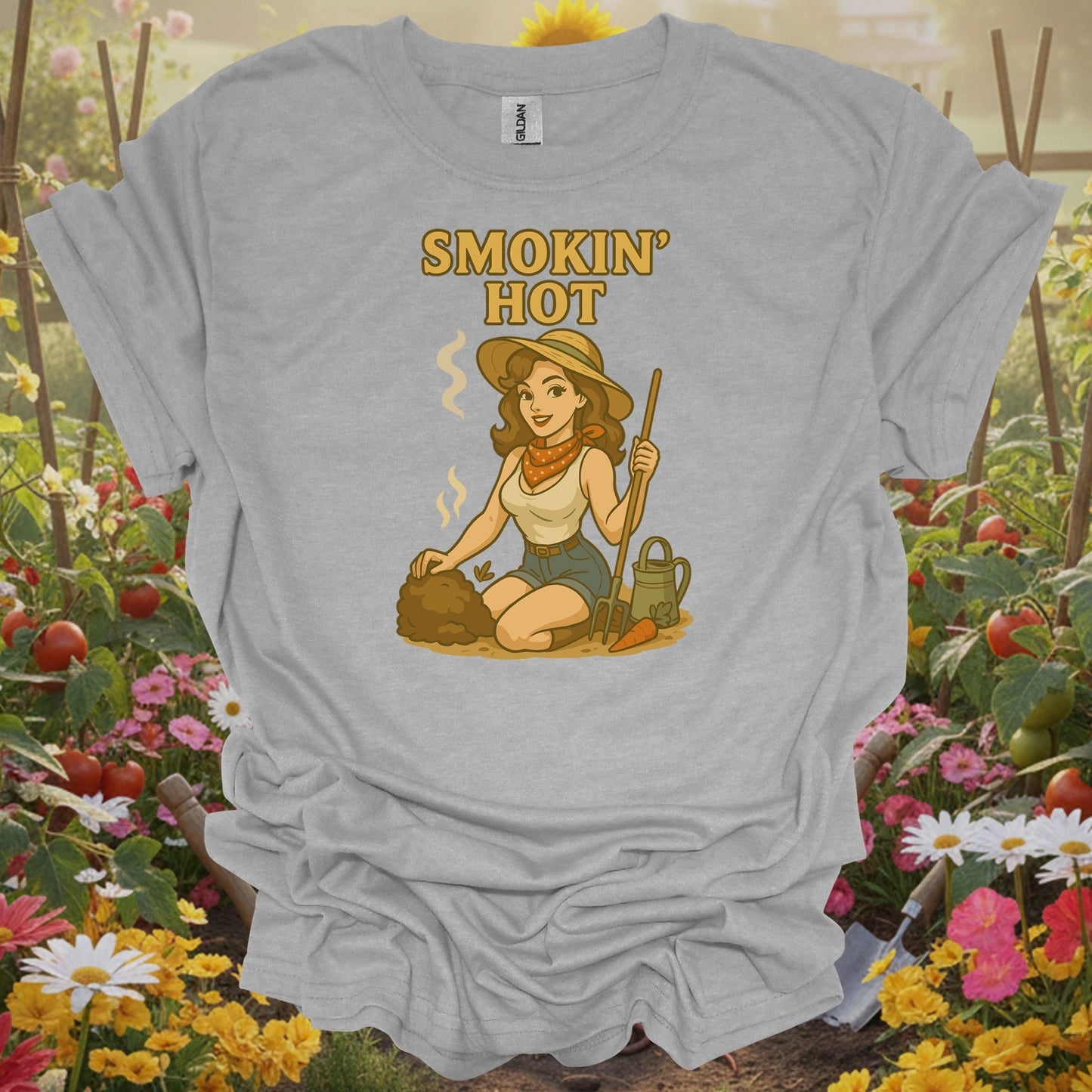 Sport Gray top showcasing retro-inspired storybook charm with a steaming soil pile illustration for compost enthusiasts