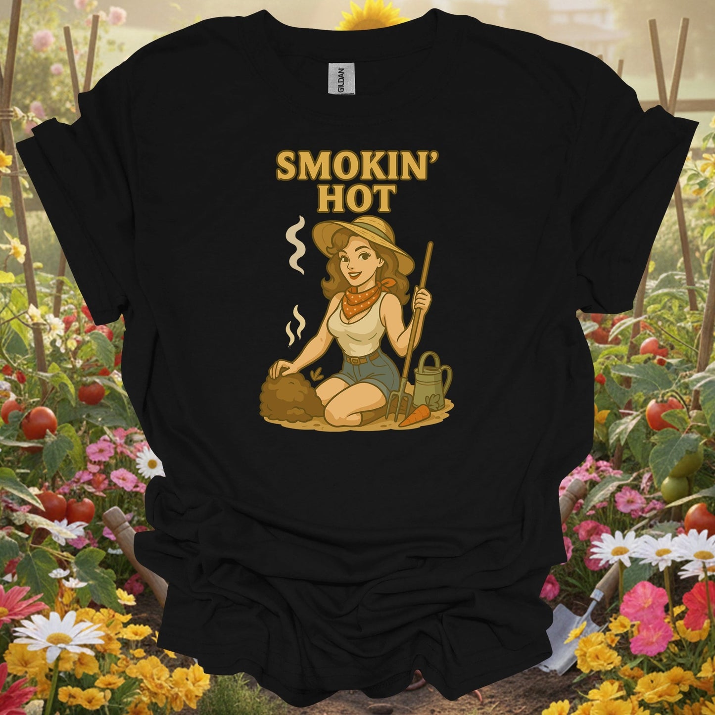 Black shirt featuring a detailed intentional cultivation theme with a smoking hot compost pile for eco-conscious growers