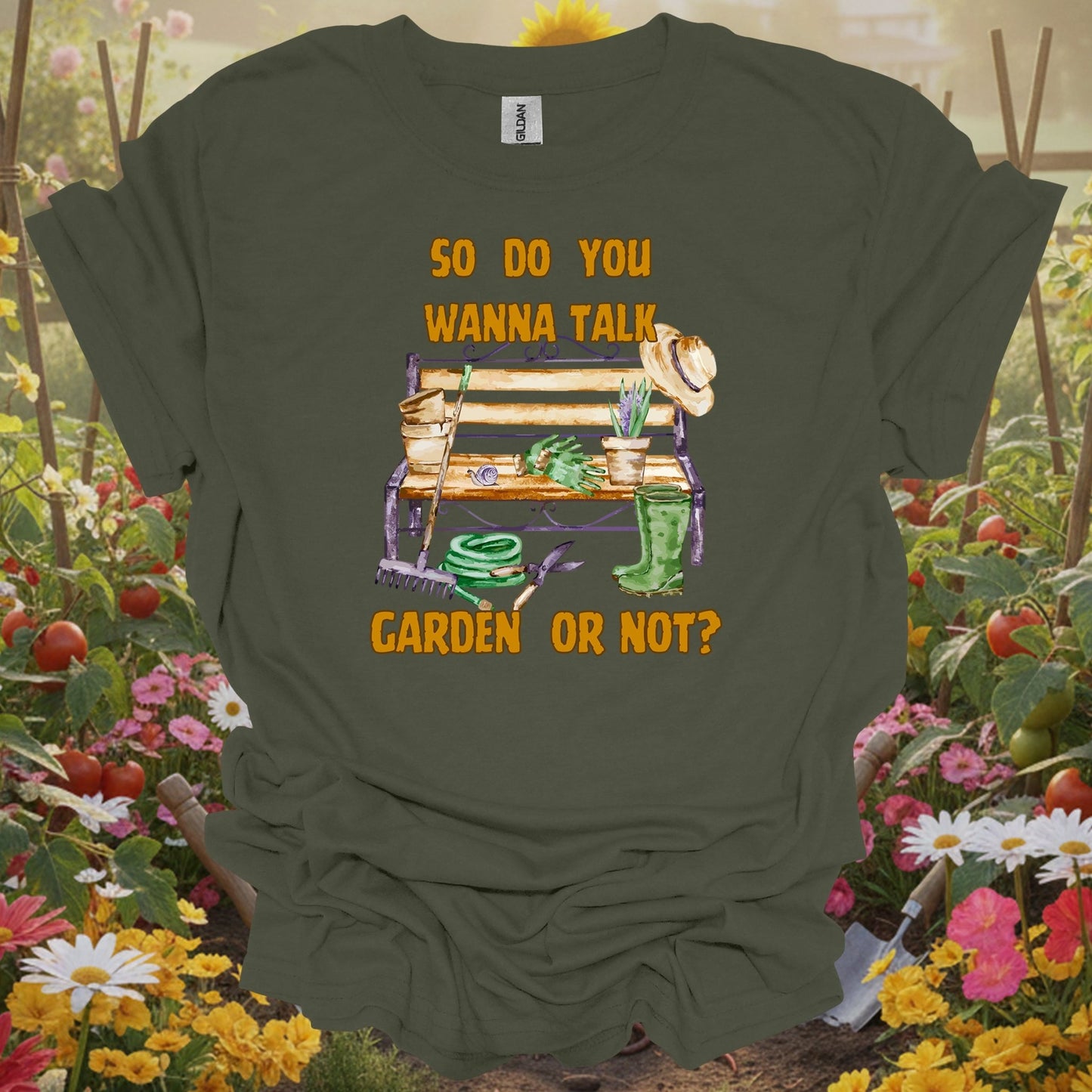 Military green tshirt showing get straight to the point with this bold and sassy gardening statement for biodiversity champions supporting pollinators
