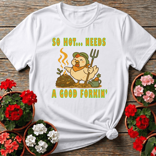 White cottage-farm cartoon chicken shirt with pitchfork and compost pile for backyard chicken keepers