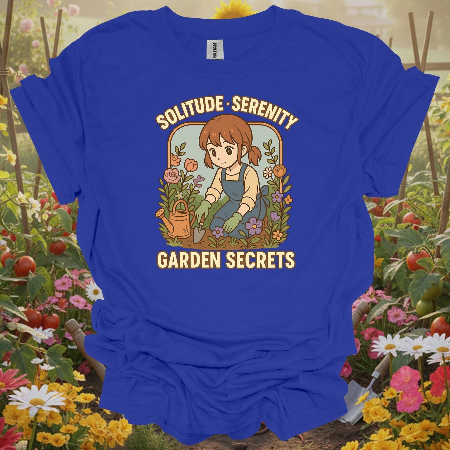 Royal tshirt showing find your personal sanctuary with this beautiful anime-inspired design for mindfulness practitioners grounding through gardening