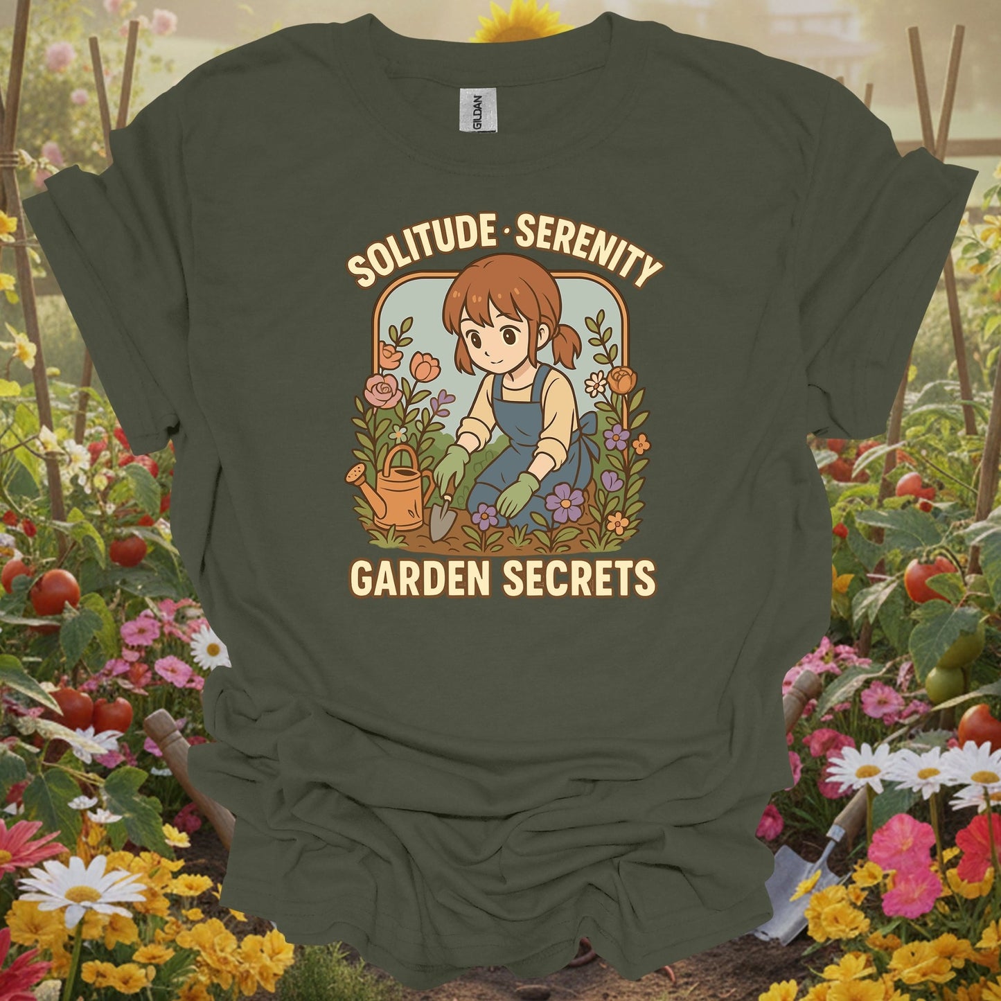 Military green tshirt showing find your personal sanctuary with this beautiful anime-inspired design for mindfulness practitioners grounding through gardening