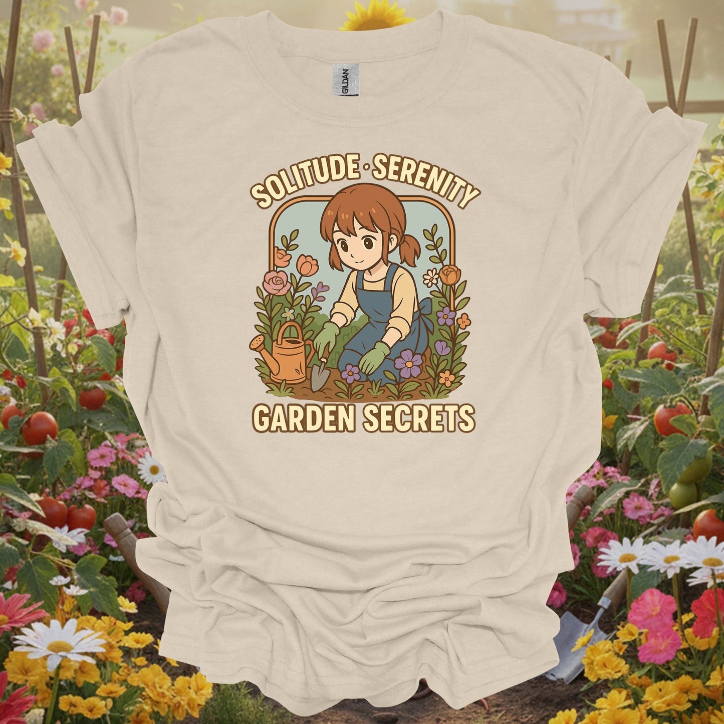 Natural tshirt showing find your personal sanctuary with this beautiful anime-inspired design for mindfulness practitioners grounding through gardening