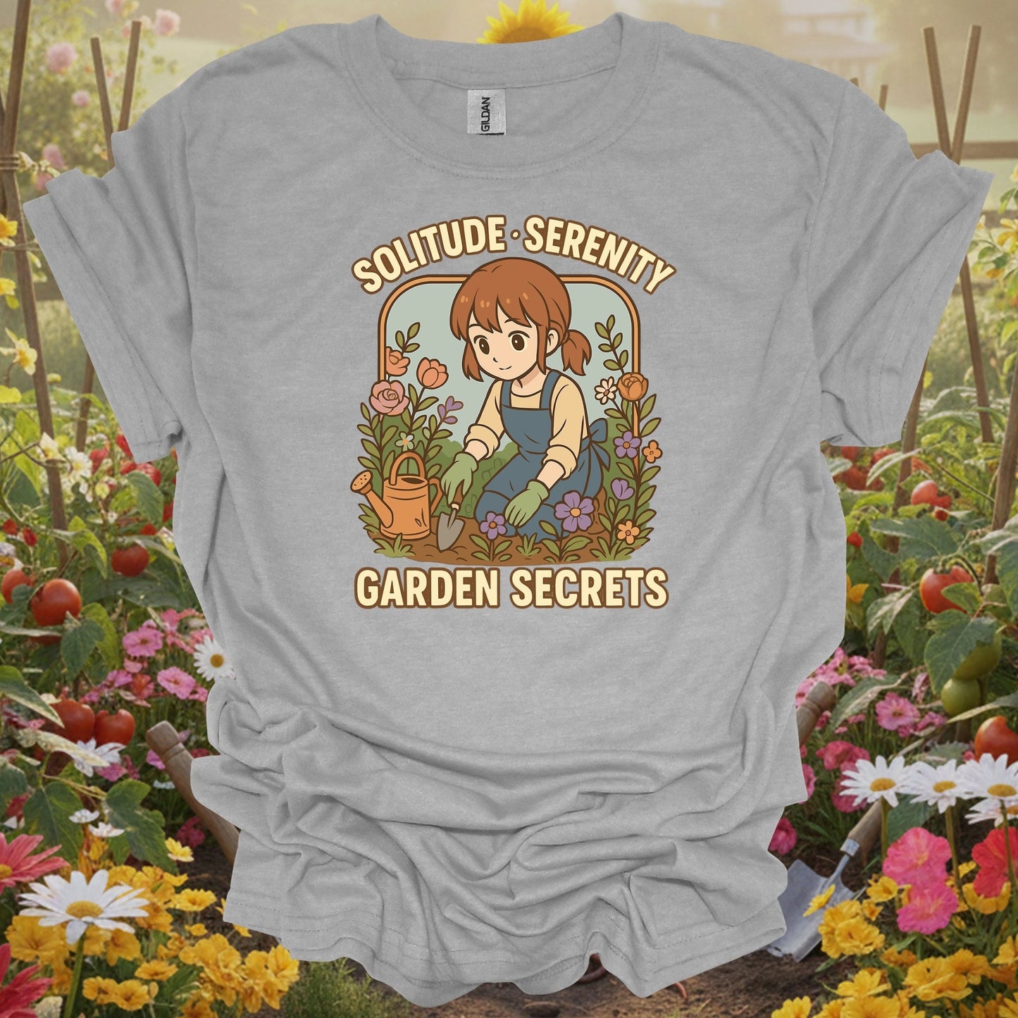 Sport gray tshirt showing find your personal sanctuary with this beautiful anime-inspired design for mindfulness practitioners grounding through gardening