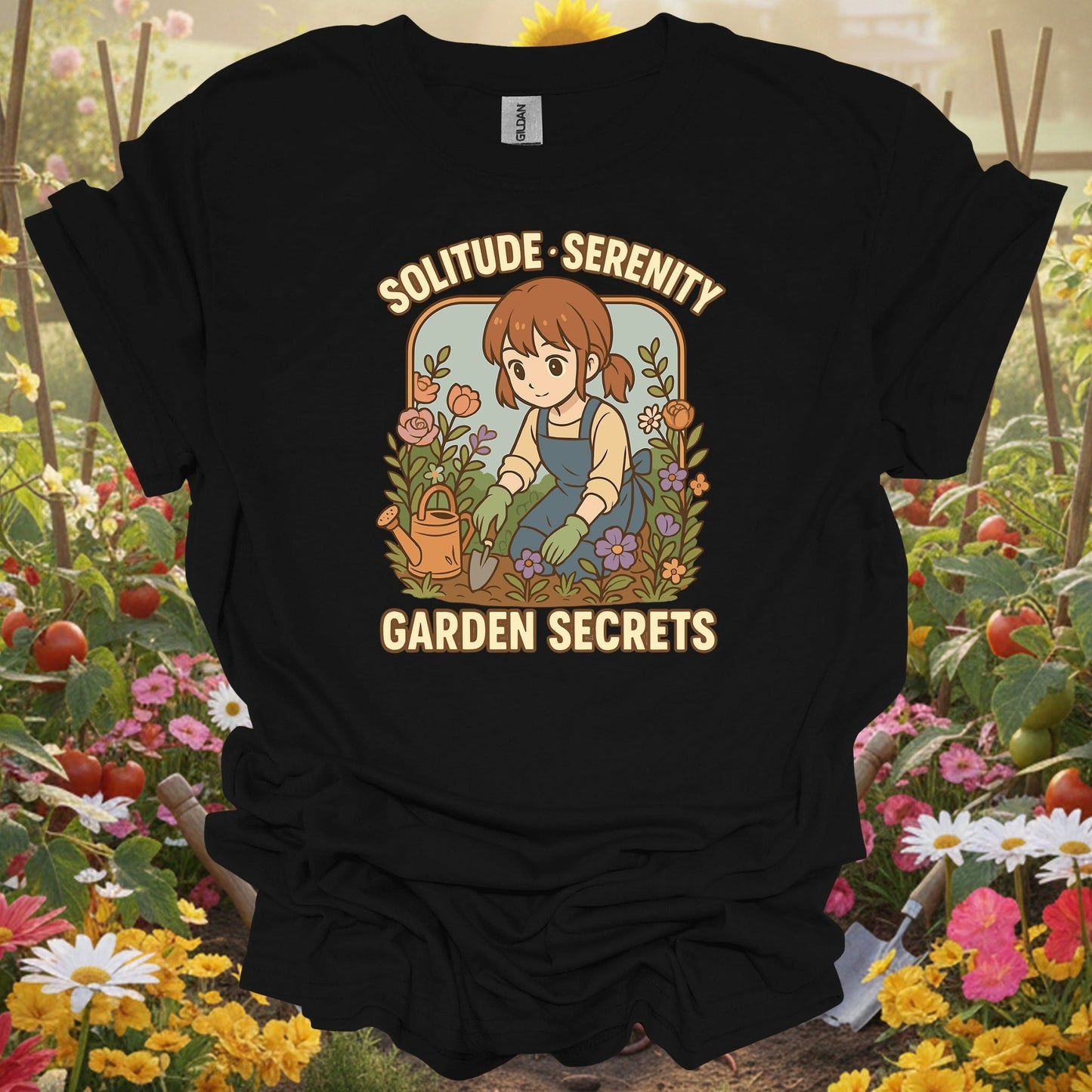 Black tshirt showing find your personal sanctuary with this beautiful anime-inspired design for mindfulness practitioners grounding through gardening