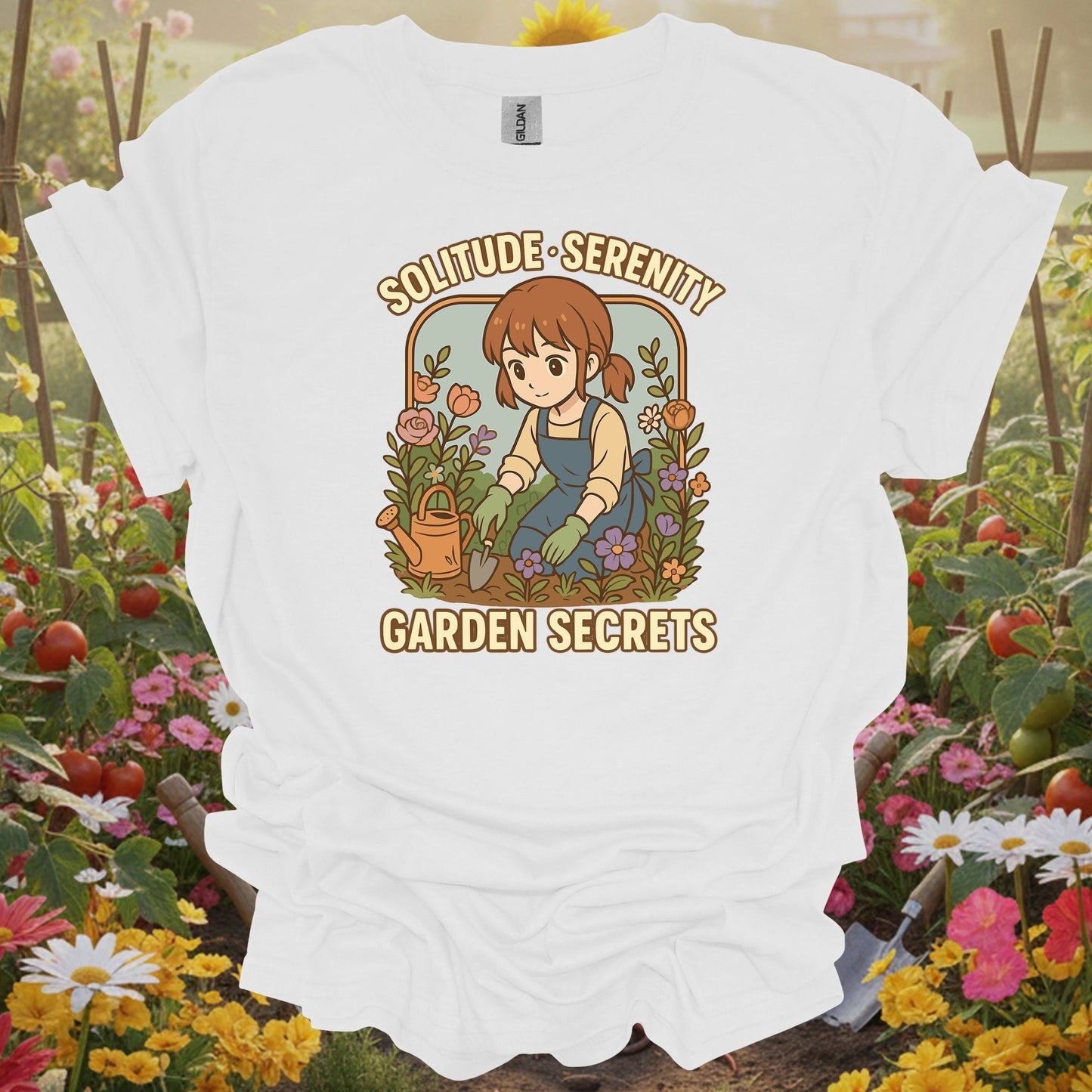 White tshirt showing find your personal sanctuary with this beautiful anime-inspired design for mindfulness practitioners grounding through gardening