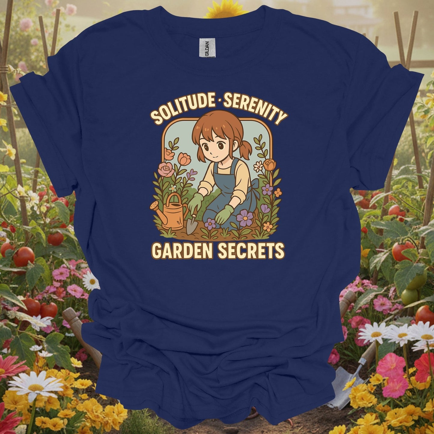 Navy tshirt showing find your personal sanctuary with this beautiful anime-inspired design for mindfulness practitioners grounding through gardening