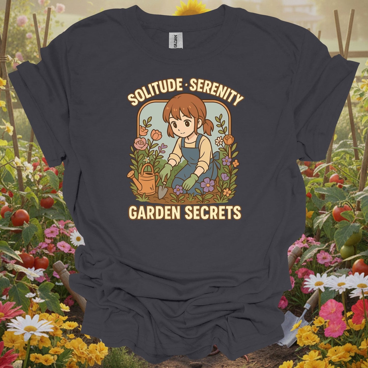 Charcoal tshirt showing find your personal sanctuary with this beautiful anime-inspired design for mindfulness practitioners grounding through gardening
