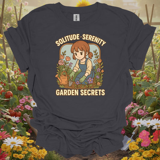Charcoal tshirt showing find your personal sanctuary with this beautiful anime-inspired design for mindfulness practitioners grounding through gardening