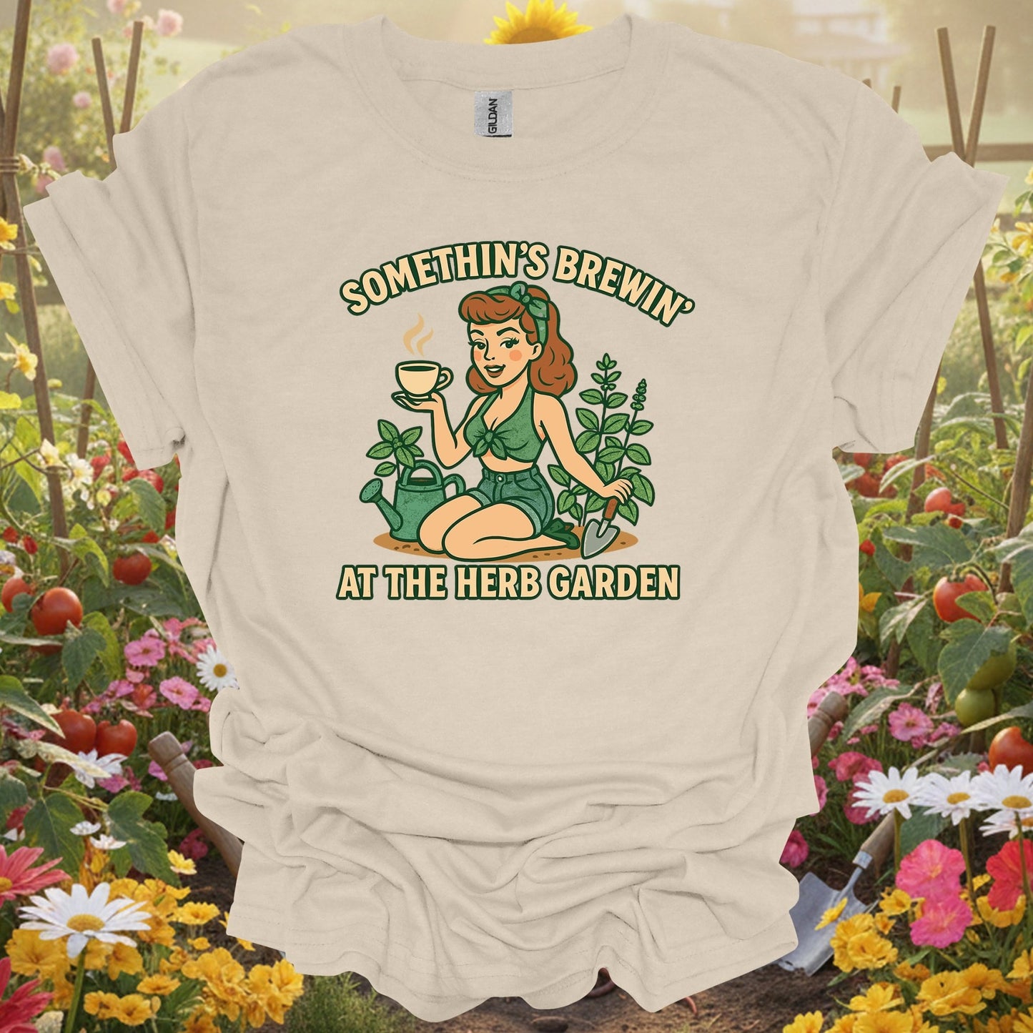 Natural tshirt showing somethins brewin herb garden vintage pinup for people who love plants