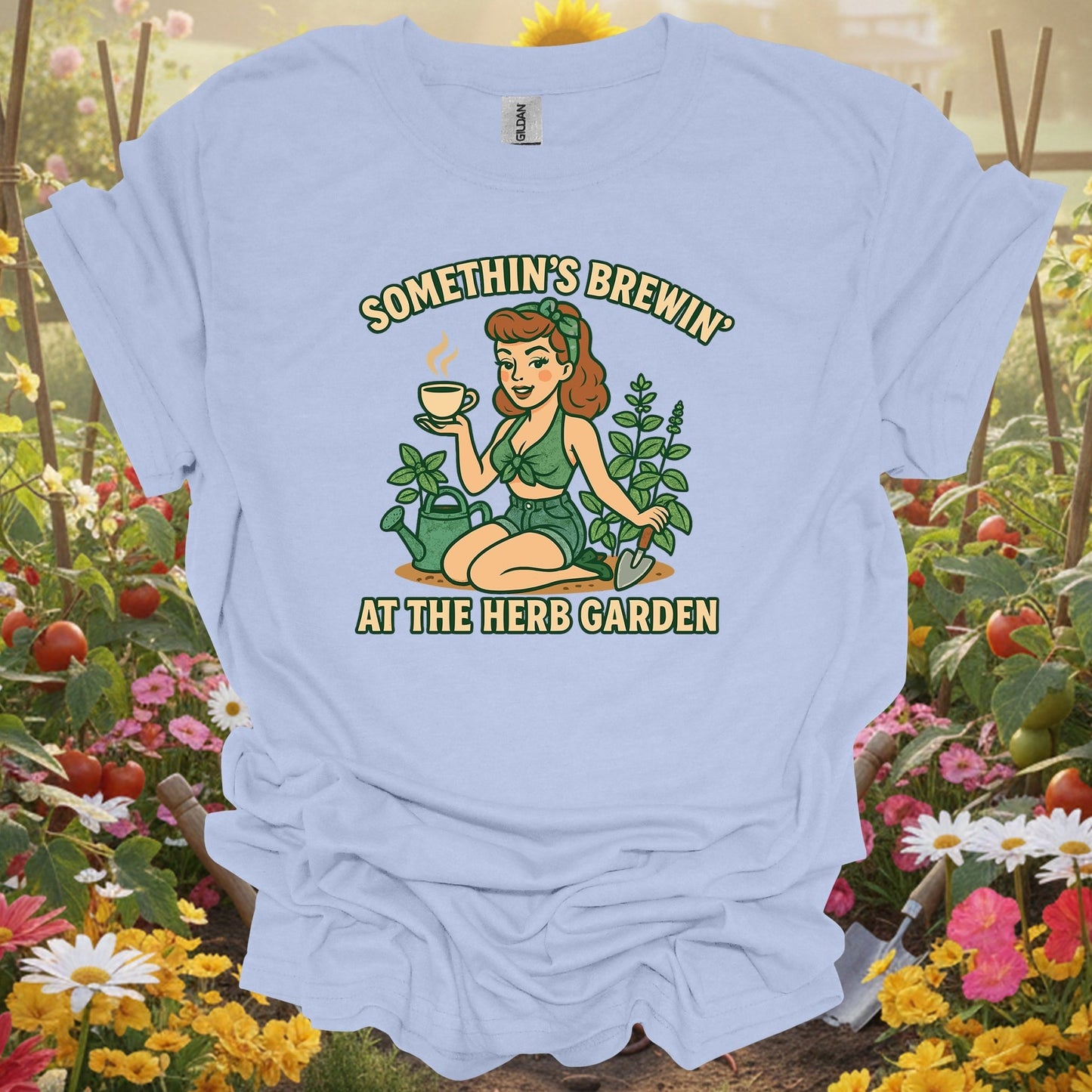 Light Blue shirt showing somethins brewin herb garden vintage pinup for home gardeners