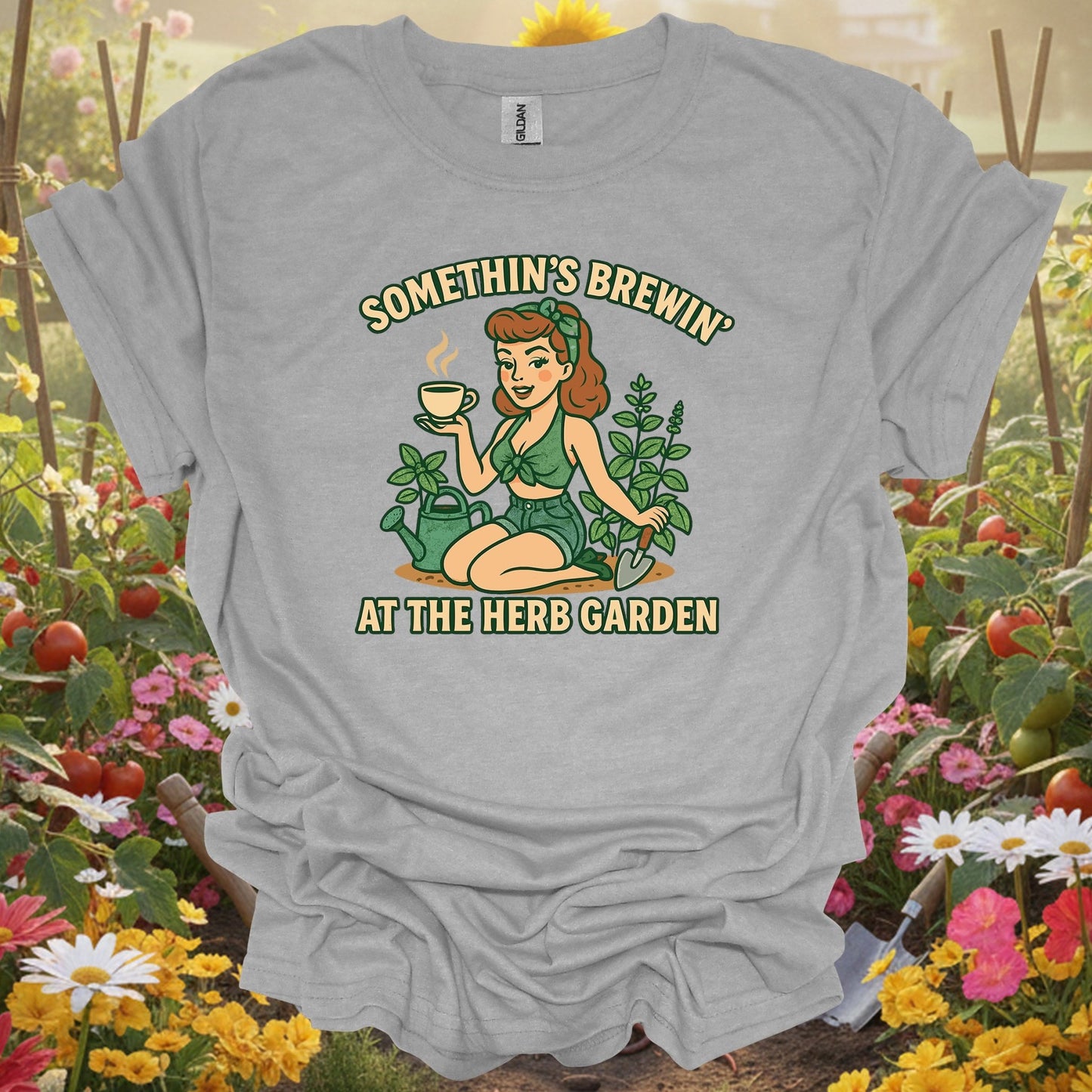 Sport Grey tee showing somethins brewin herb garden vintage pinup for garden hobbyists