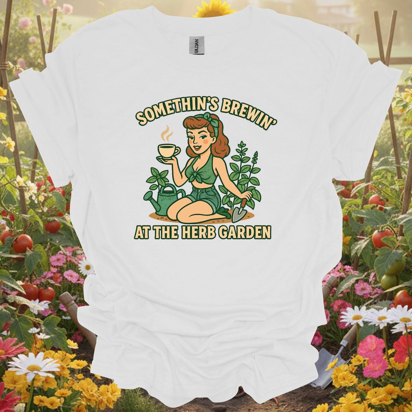 White shirt showing somethins brewin herb garden vintage pinup for outdoor enthusiasts
