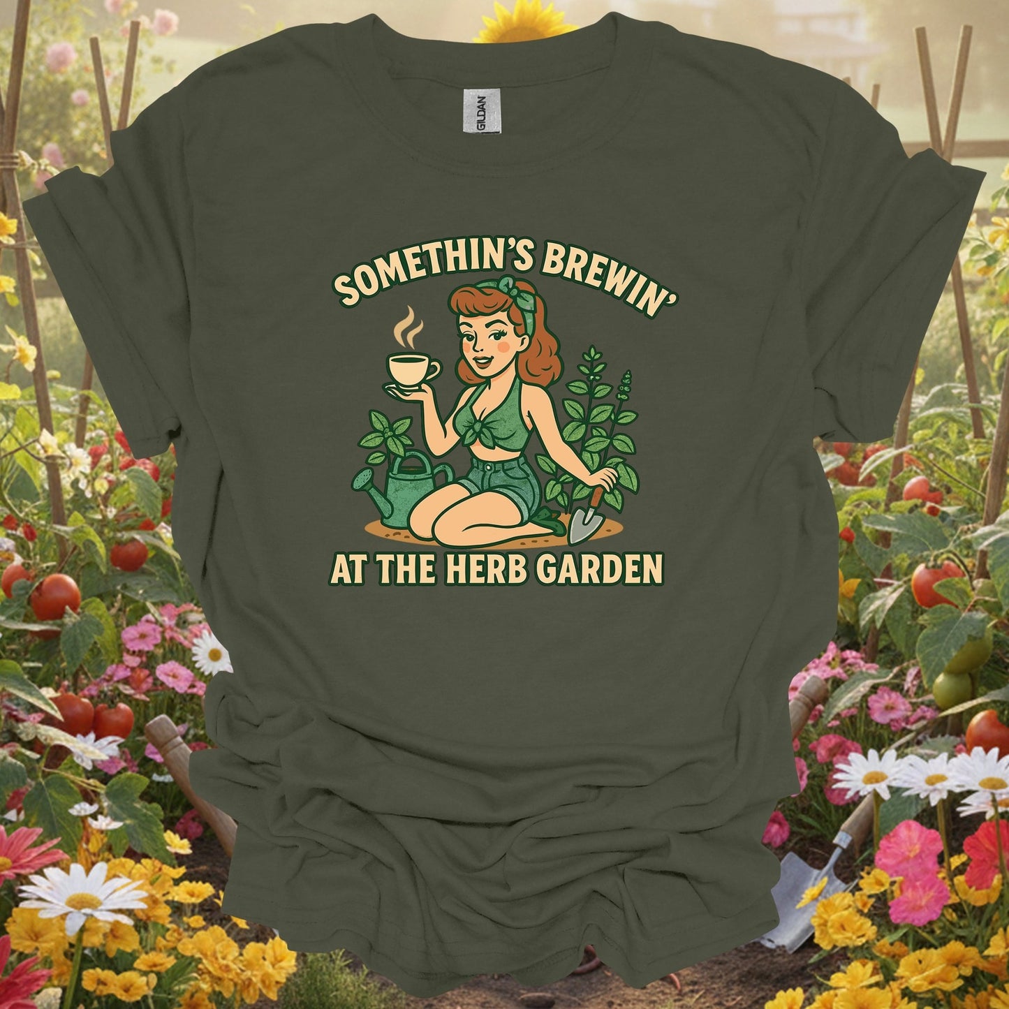 Military Green tshirt showing somethins brewin herb garden vintage pinup for gardening enthusiasts
