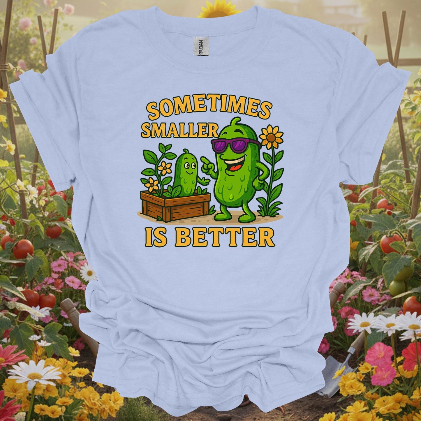 Light Blue tee showing sometimes smaller is better funny pickle for plant lovers