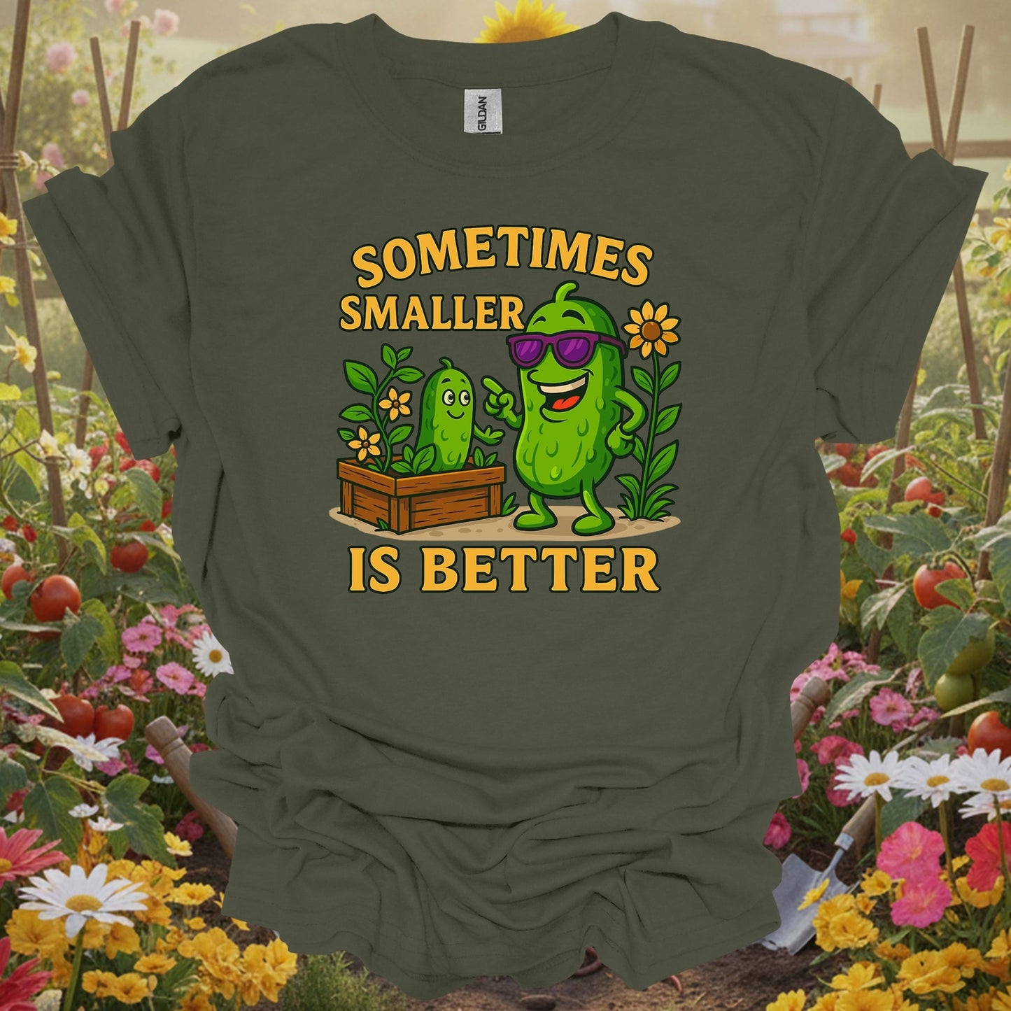 Military Green top showing sometimes smaller is better funny pickle for nature lovers