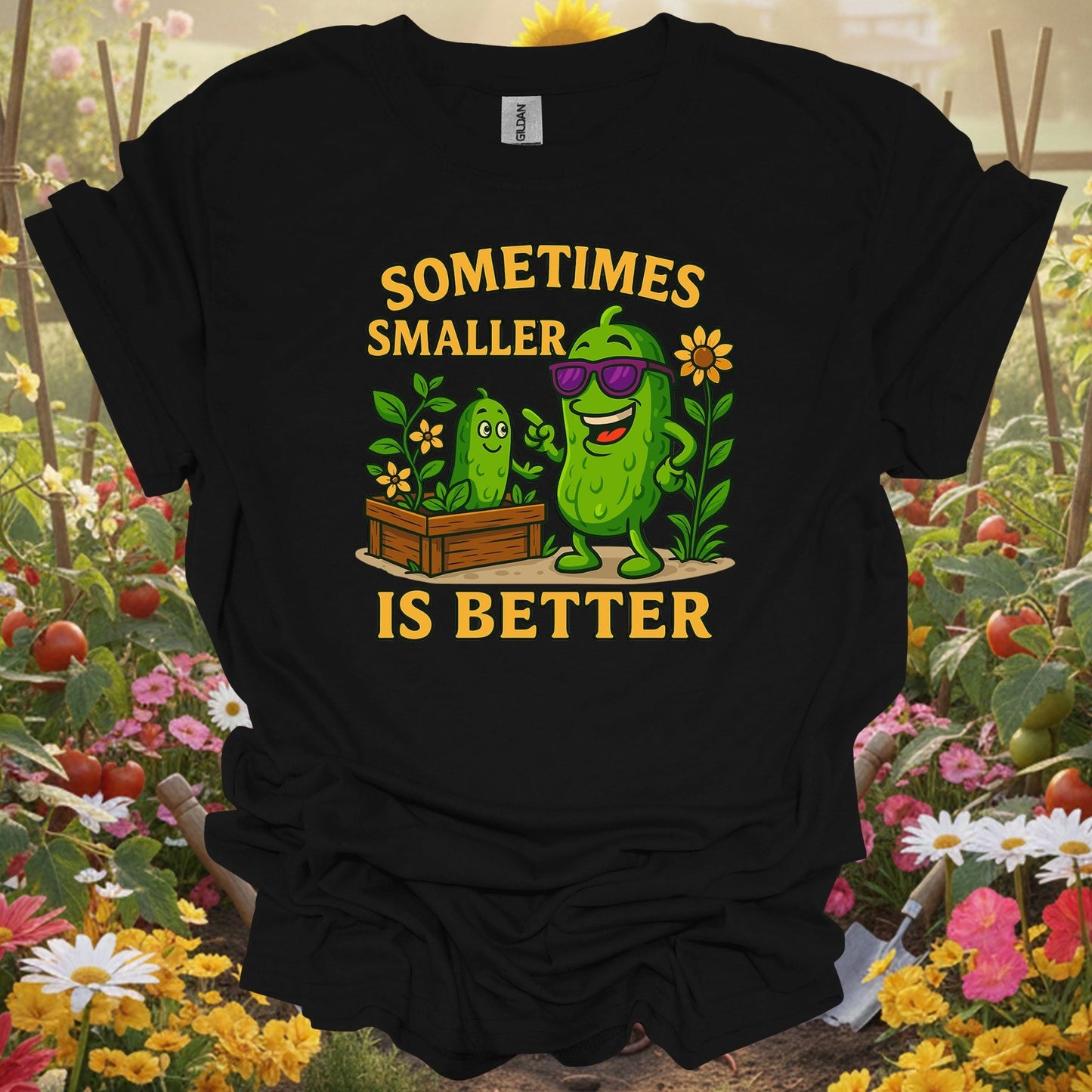 Black shirt showing sometimes smaller is better funny pickle for outdoor enthusiasts