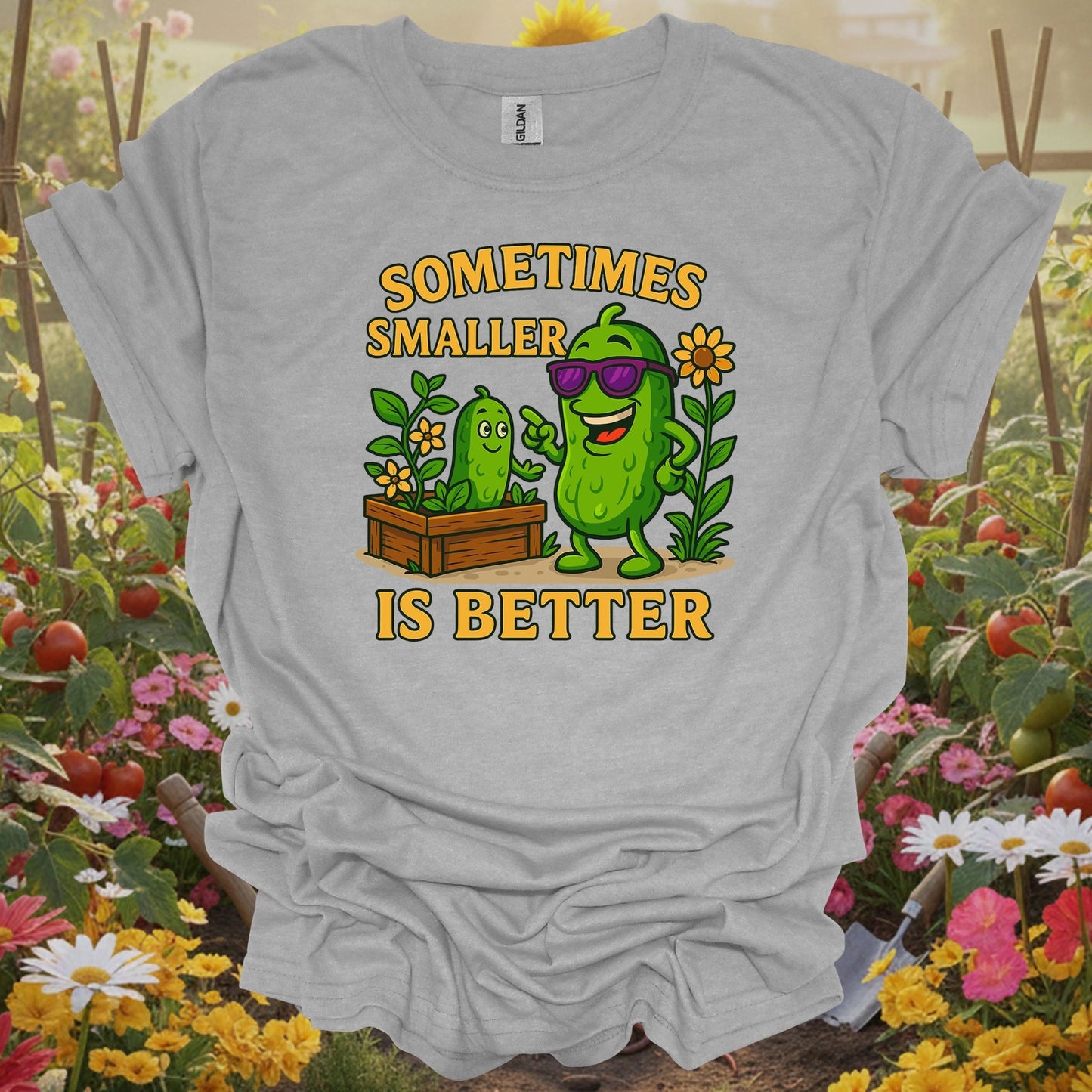 Sport Grey tshirt showing sometimes smaller is better funny pickle for backyard growers